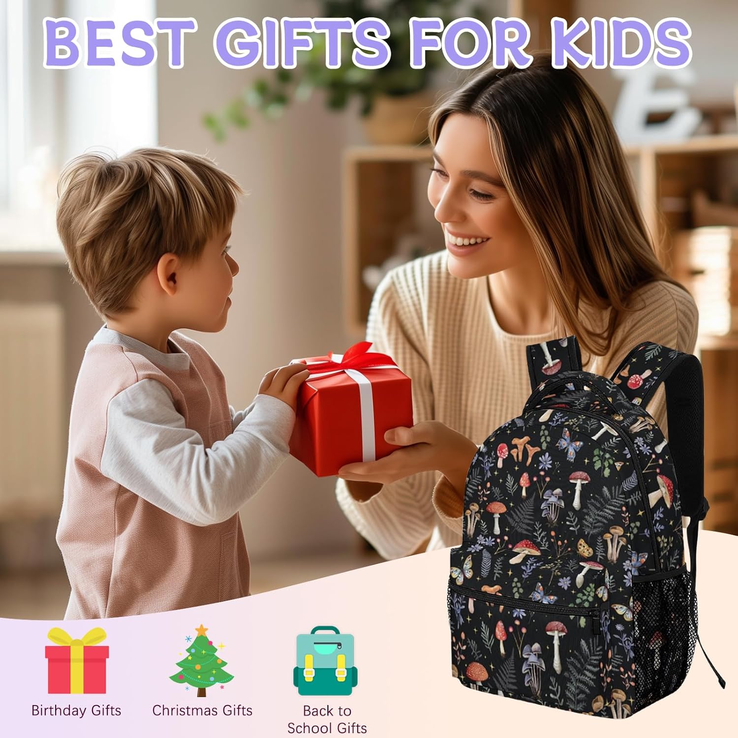 Mushroom Backpack for Girls Women, Vintage Forest Mushroom with Leaf Floral Flowers Butterfly Backpack for Kids, 16.5 inch Laptop Backpacks Bookbags for School Travel, Balck Starry Stars - Image 7