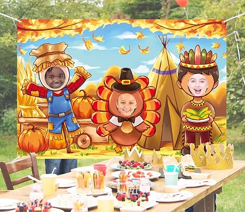 Miniatura 4 de Telón de fondo de cara en agujero de Acción de Gracias, 5 x 3.3 pies, espantapájaros, pavo, cara india, accesorios para fotos, fondo de fotografía