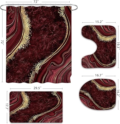 Miniatura 6 de Gibelle Juego de 4 cortinas de ducha de mármol de lujo con alfombras antideslizantes, cubierta para tapa de inodoro y tapete de baño, juego de