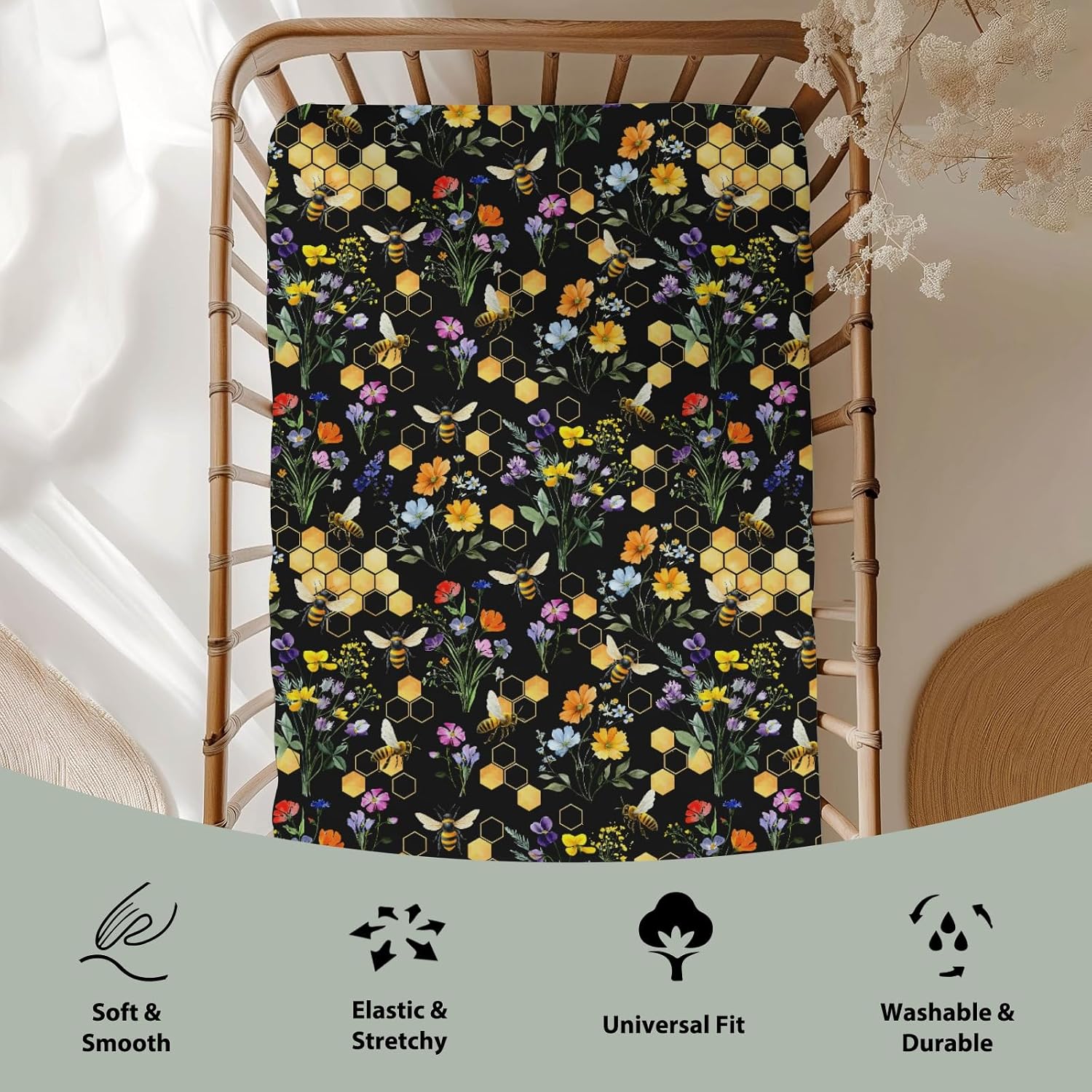 Boho Wildflower Bees Honeycomb Baby Crib Sheets for Boy Girl 52x28Inch Watercolor Honeybee Floral Soft Snug Fitted Crib Mattress Cover Summer Baby Sheet for Standard Crib and Toddler Bed Mattress