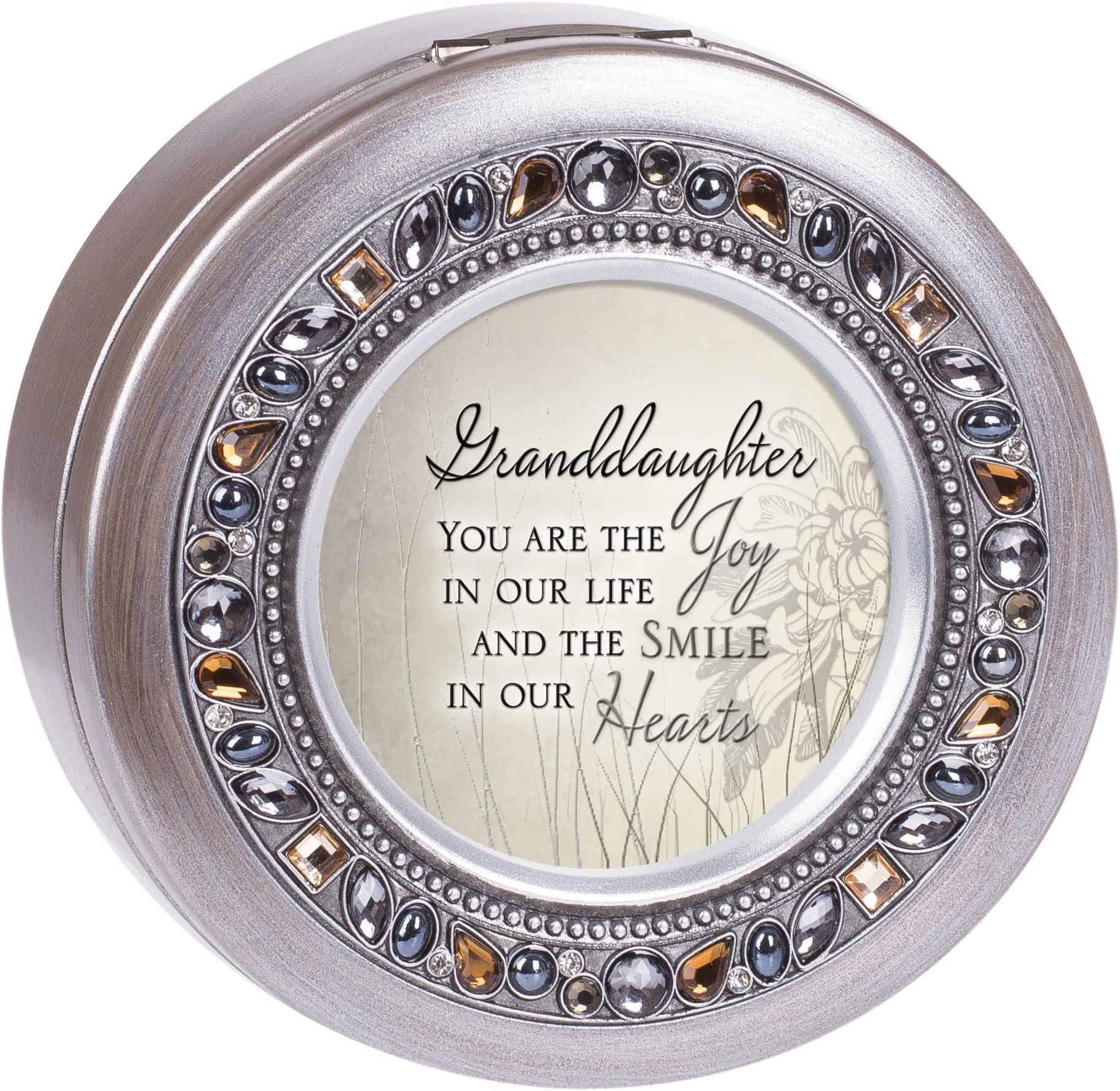 Cottage Garden Granddaughter The Joy and Smile Brushed Silver Round Jeweled Music Box Plays Tune Wonderful World