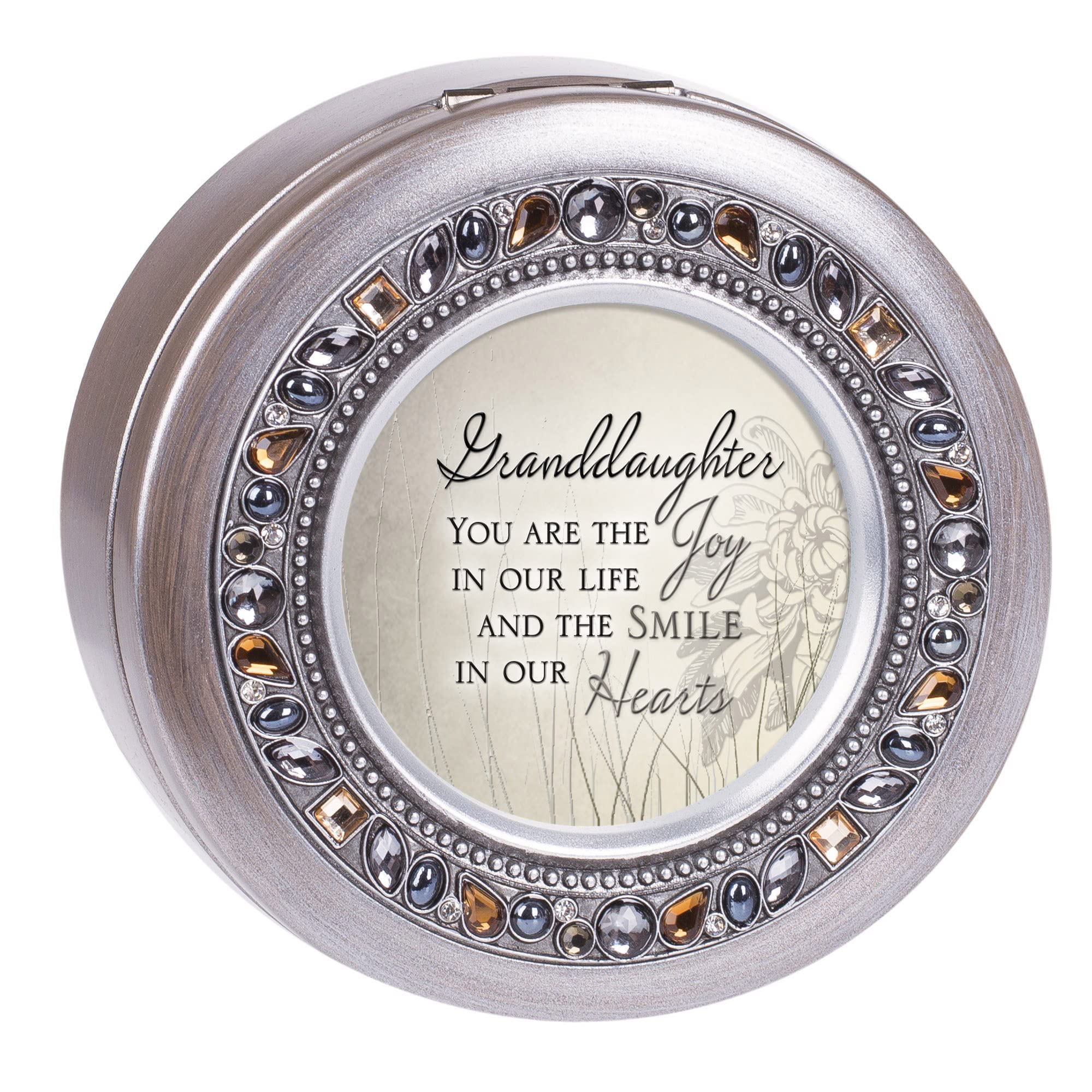 Cottage Garden Granddaughter The Joy and Smile Brushed Silver Round Jeweled Music Box Plays Tune Wonderful World