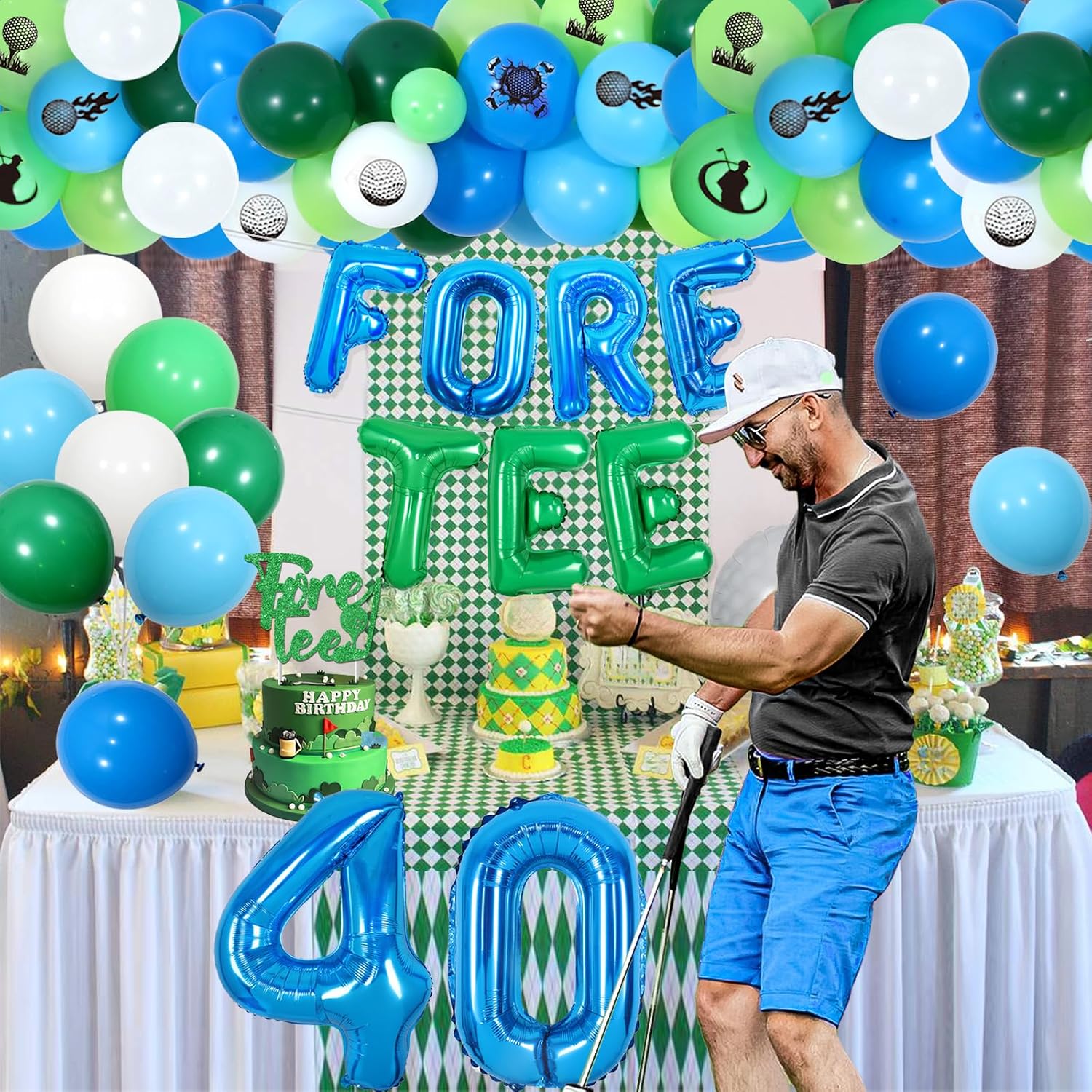Golf 40th Birthday Decorations for Men, Fore Tee Balloon Garland Kit with Glitter Foretee Cake Topper, Golf Ball Balloons, Number 40 Balloon, Sports 40th Birthday Party Supplies