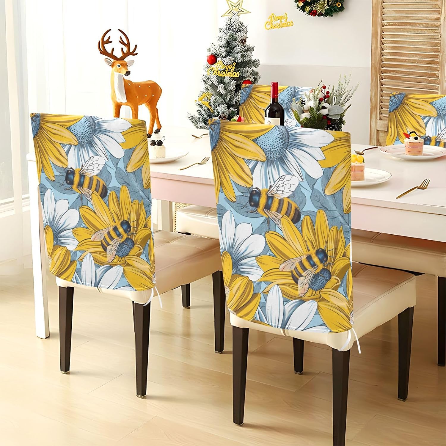 ALAZA Bee Yellow White Flowers Chair Back Cover Set of 6, Washable Reusable Removable Chair Slipcovers Decorative Chair Cover for Home Kitchen Wedding Party