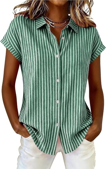 Aymnlox Women Cotton Linen Striped Button Down Short Sleeve Collared Blouse
