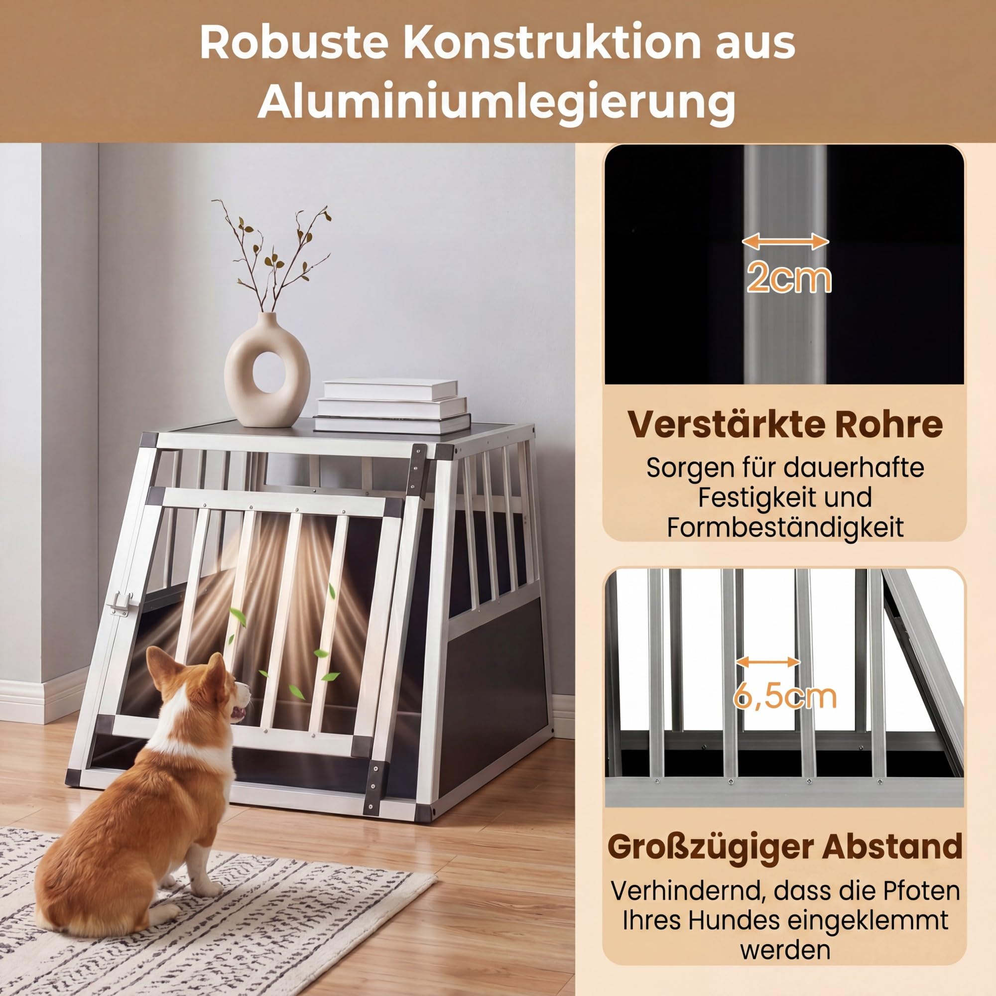 DREAMADE Transportbox Hund Alu, Hundebox Auto Kofferraum (69x54 x 50cm) | trapezförmig hundetransportbox mit abschließbarer Tür & herausnehmbarer Trennwand ür kleine Hunde & Katzen