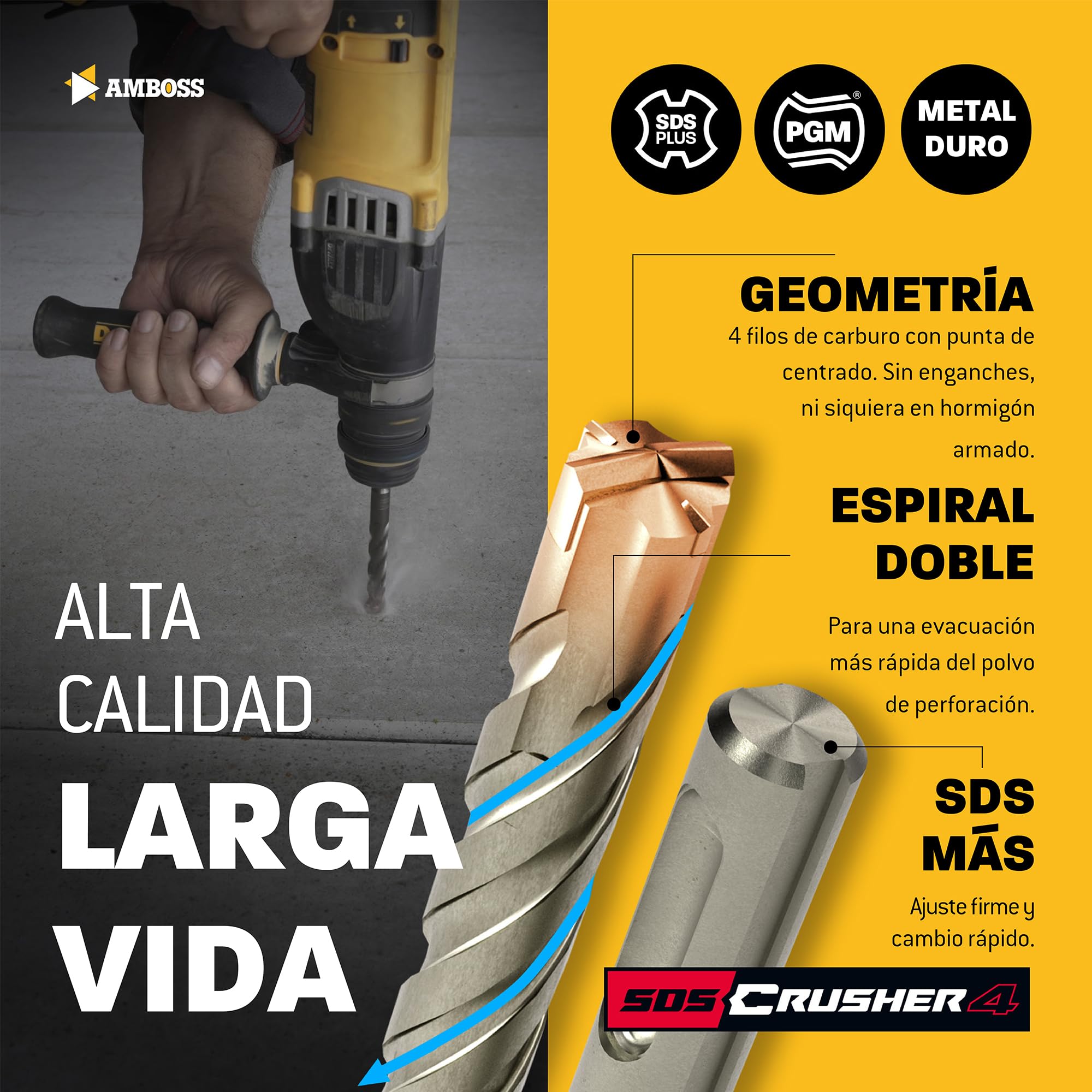 SDS Plus - Broca para martillo perforador, 4 unidades, PGM, diámetro 24,0 mm x 370 mm, herramientas AMBOSS SDS Crusher 4 - Broca HM para hormigón, carburo duro, broca profesional, 24,0 mm x 370 mm,