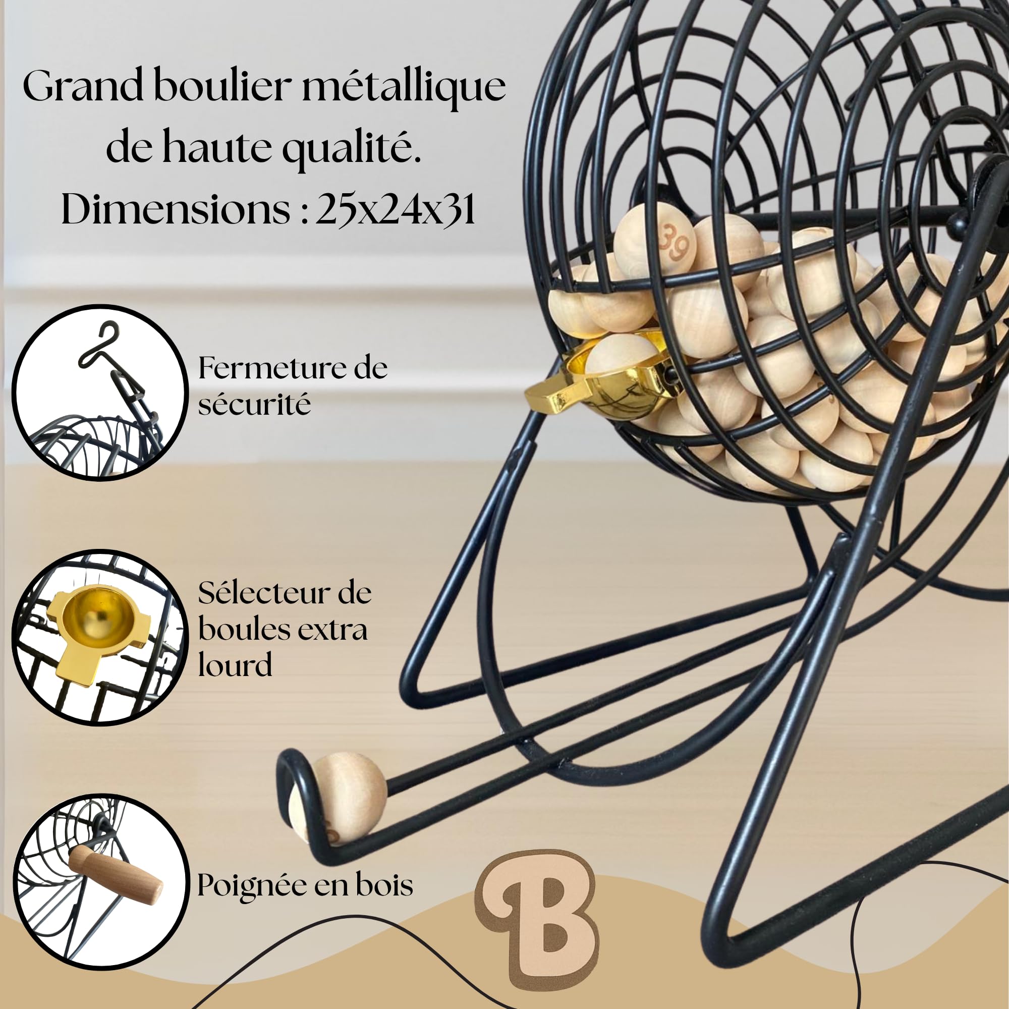 Bingo Jeux Loto - Bingo avec Boulier Loto Métallique, Tableau en Bois Pliable Gravé, 90 Boules en Bois Gravées et 102 Cartons Loto Réutilisables. Idéal pour Jouer en Famille et Entre Amis