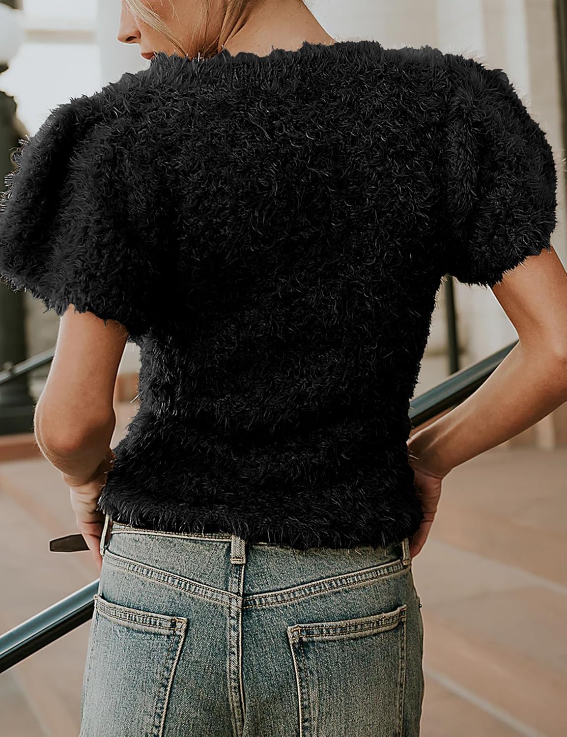 Women's Fuzzy Knit Puff Sleeve Sweater Crew Neck Short Sleeve Cropped Pullover Top Casual Vintage Inspired Outfits - Image 6