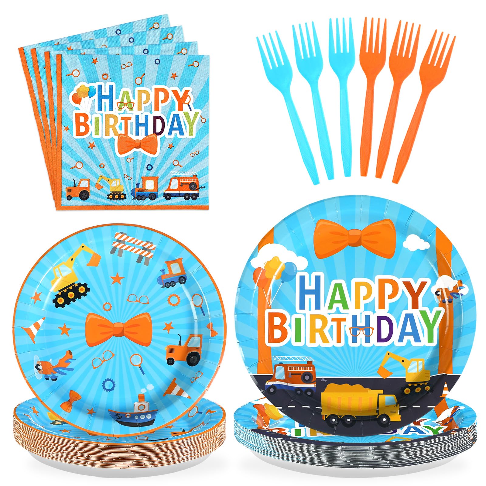 96 Pcs Blue Orange Cartoon Party Decorations for Boys Girls Serves 24