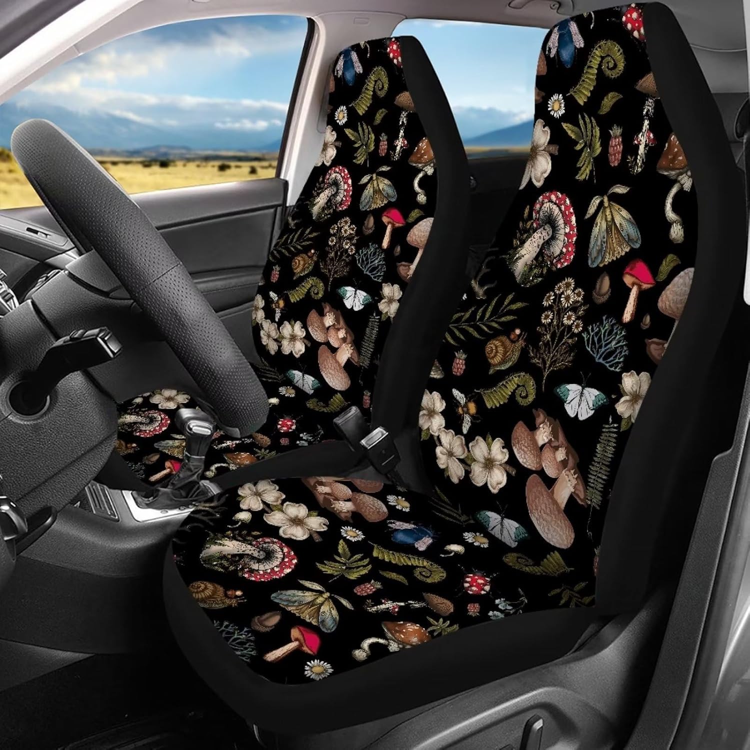 Wild Forest Mushroom Snail Ferns Design Car Accessories for Women Honey Bee Daisy Hippy Car Seat Covers Front Rear Seat Covers Universal Fits for Truck,Sedan,SUV Auto Interior Protector