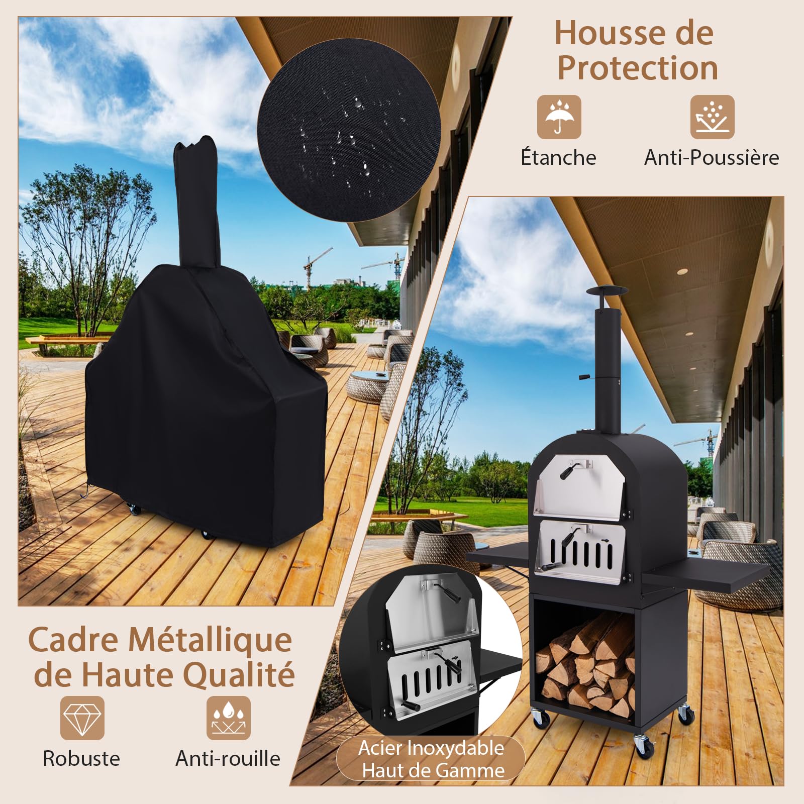 GYMAX Four à Pizza d'Extérieur à Bois ou à Pellet, Pierre 30 cm, Thermomètre, Pelle, 2 Grilles, Mobile