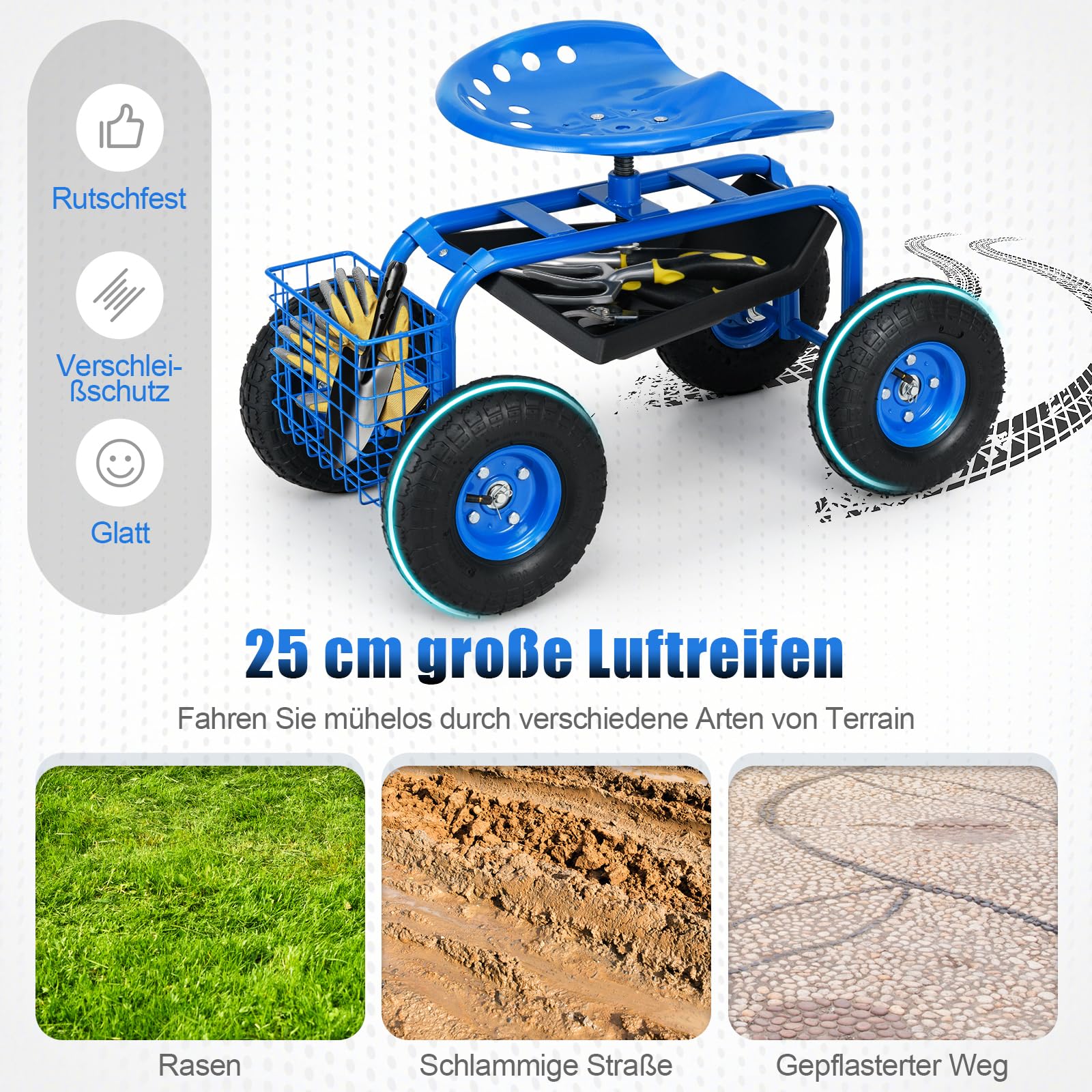 RELAX4LIFE Rollsitz mit Ablage & Korb, Gartensitz mit 4 Rädern, Gartenrollsitz 360 ° Drehbar & Höhenverstellbar 46-53cm, Fahrbarer Arbeitssitz, bis 150kg Belastbar, für Gartenarbeit Autopflege (Blau)