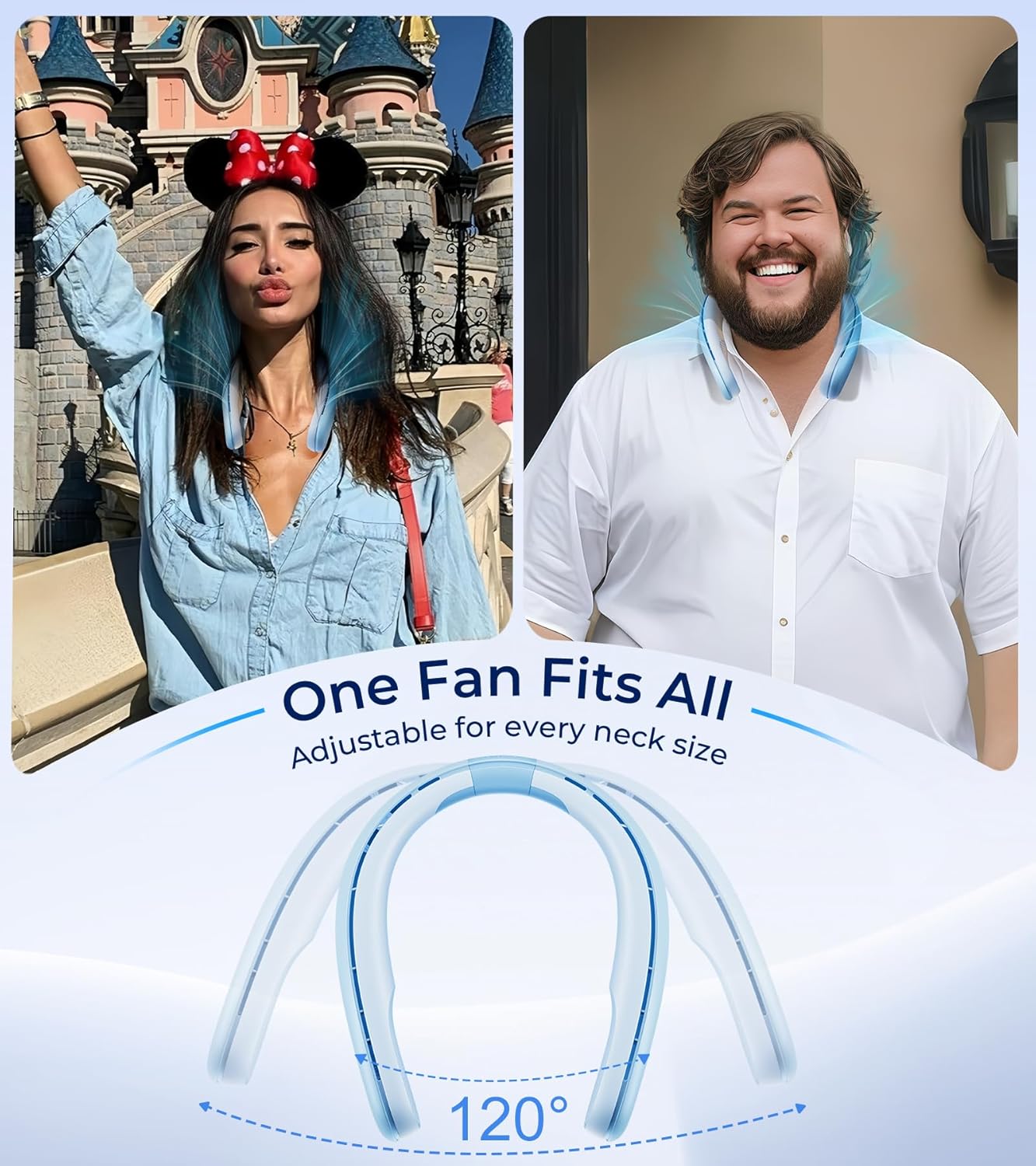 A person wearing the RANVOO Neck Fan, demonstrating its adjustable and comfortable fit around the neck.