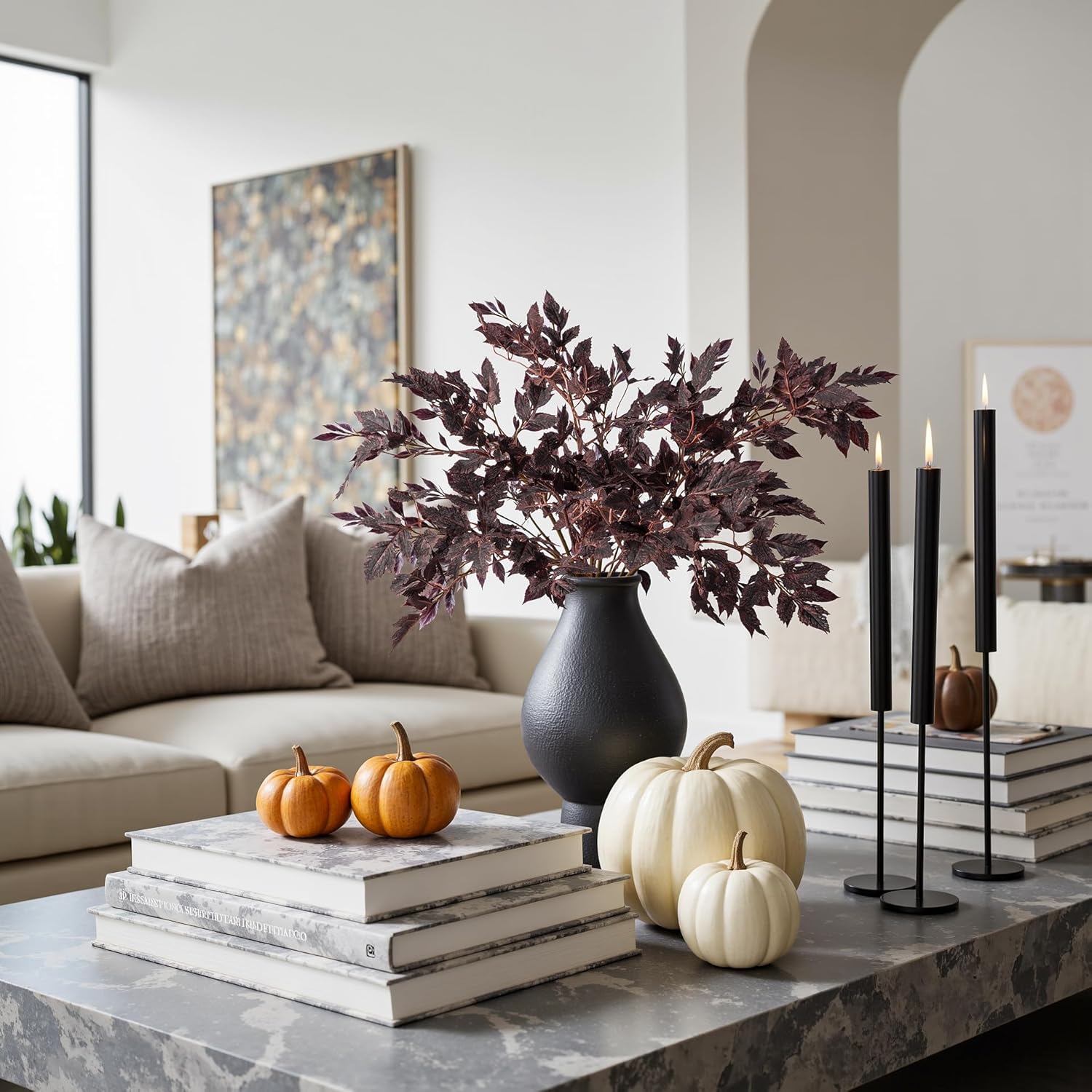 Artificial Fall Leaves Fall Stems Silk Plants Artificial Cimicifuga Plant Greenery， 4pcs Fall Stems for Vases Silk Plants for Home Indoor Table，Fireplace，Shop Office Decorations (No Vase