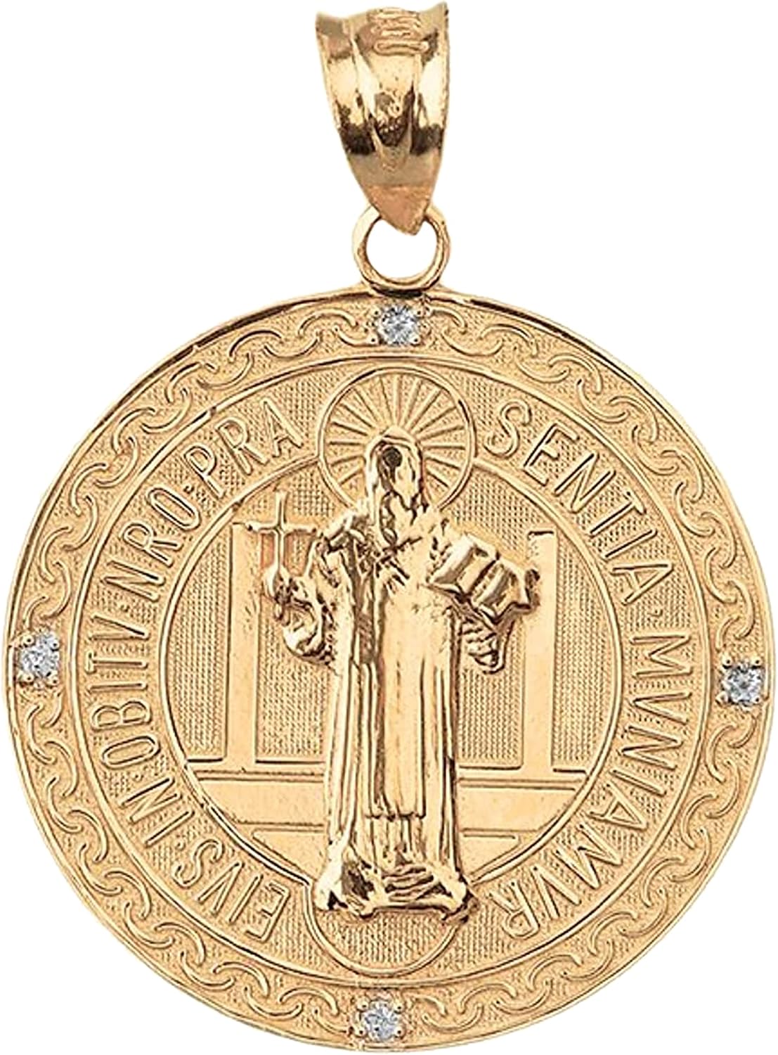 14K Yellow Gold Diamond Accented 1” Round Two Sided Saint Benedict Medalla de San Benito Medal Pendant