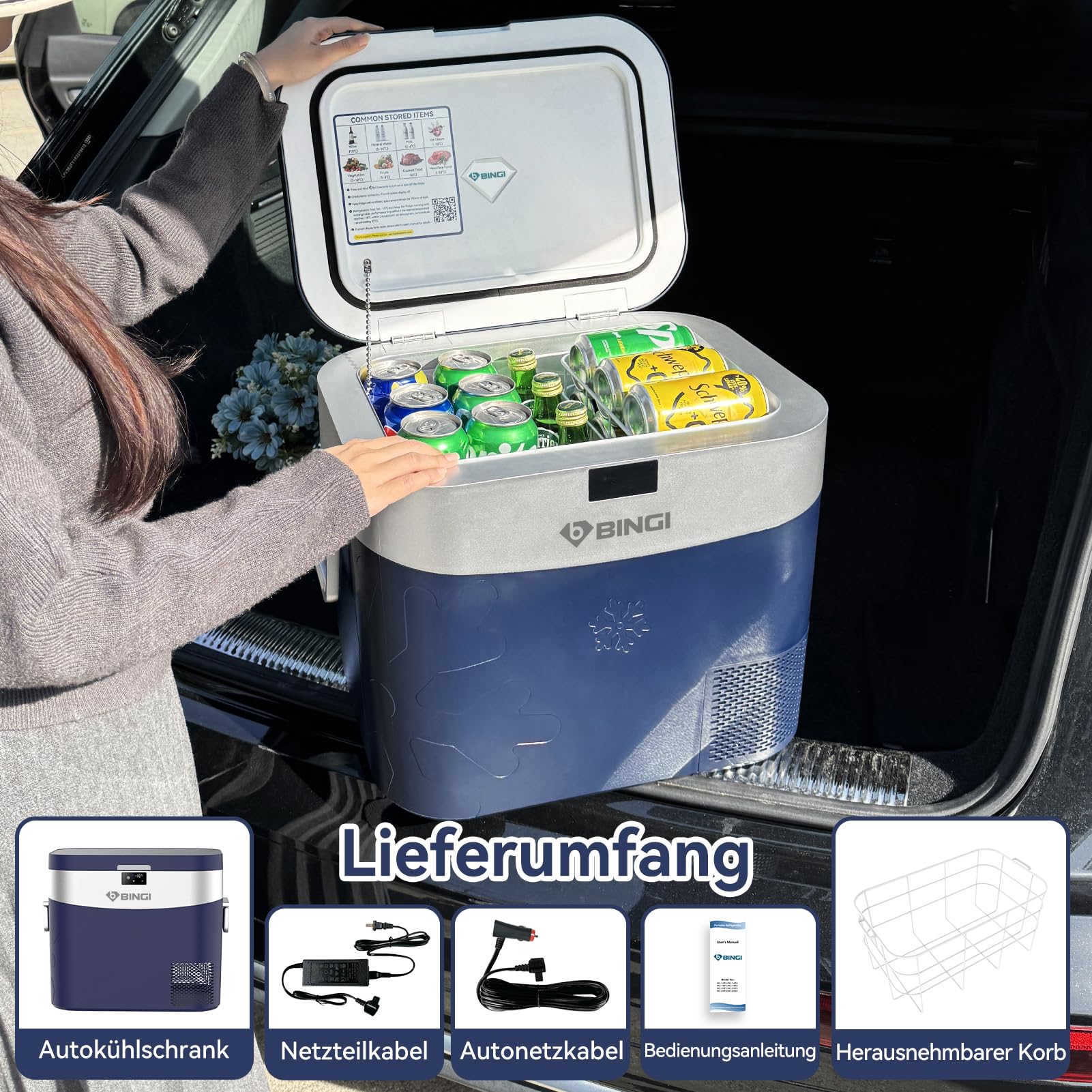 BINGI Kompressor Kühlbox 22L Mini Tragbarer Elektrischer Kühlschrank 12/24V DC für Auto LKW Camping