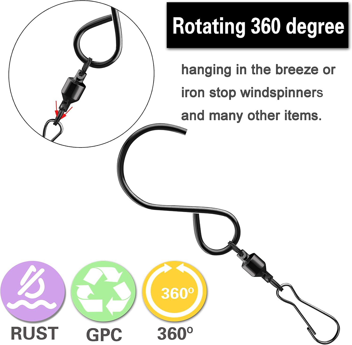 10 pcs Black Swivel Hooks Clips Wind Spinners Smooth Spinning for Wind Chimes Crystal Twisters Party Supply Rotating Display Hooks
