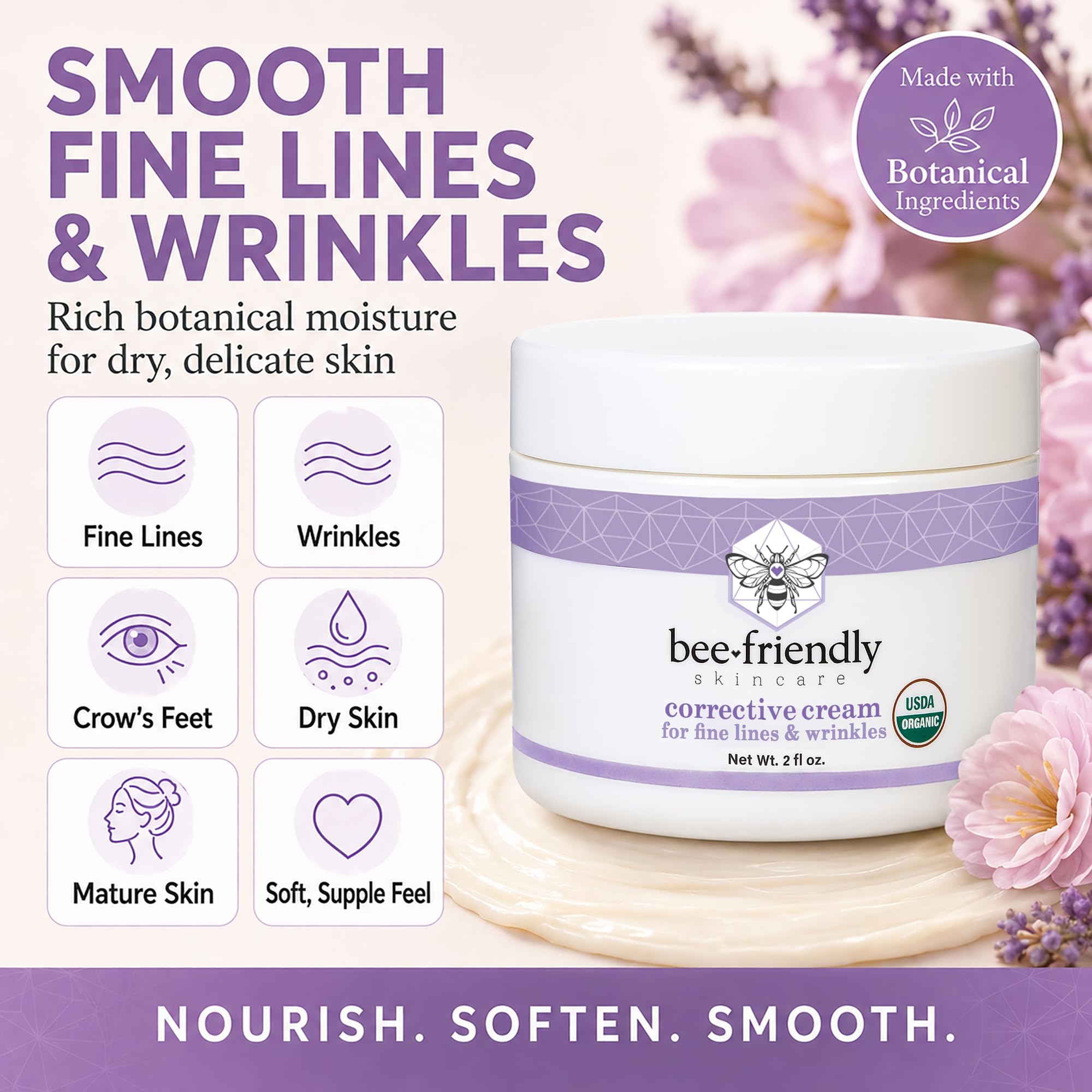 BeeFriendly Bio-Korrekturcreme für das Gesicht, USDA-zertifiziert, reichhaltige Anti-Aging-Gesichts-Nachtcreme für empfindliche Haut, hilft bei feinen Linien, Falten, Krähenfüßen, Augen, Gesicht, Hals