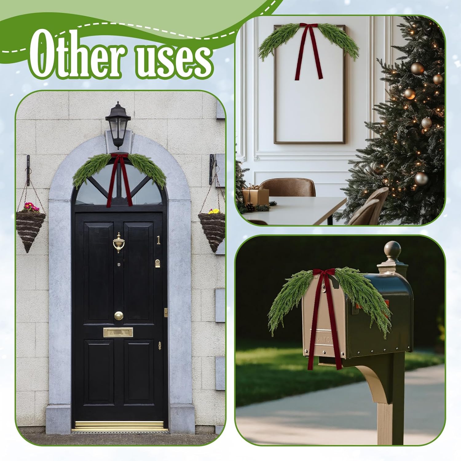 2.6ft Christmas Mirror Garland Artificial Norfolk Pine Swag for Mirror with Velvet Bow Faux Greenery Garlands Christmas Wreath for Xmas Home Door Mailbox Indoor Fireplace Decor(Burgundy Red) - Image 5