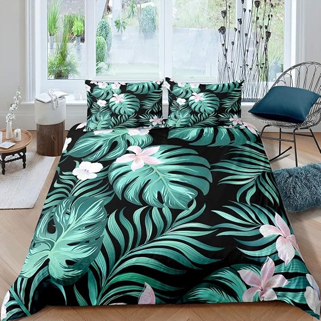 Palm Leaves Duvet Cover Set Tropical Leaves Plant Botanical Bedding Set for Kids Boys Girls Adults Green Plants Comforter Cover 2Pcs Breathable Microfiber Bedding with 2 Pillowcases Double