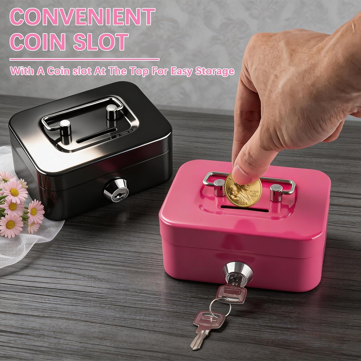 4 Pieces Money Box Cash Box with Lock and Slot Steel Organizer Piggy Bank Metal Coin Bank Gifts for Christmas New Year, Without Money Tray(Black, Green, Gray, Pink)