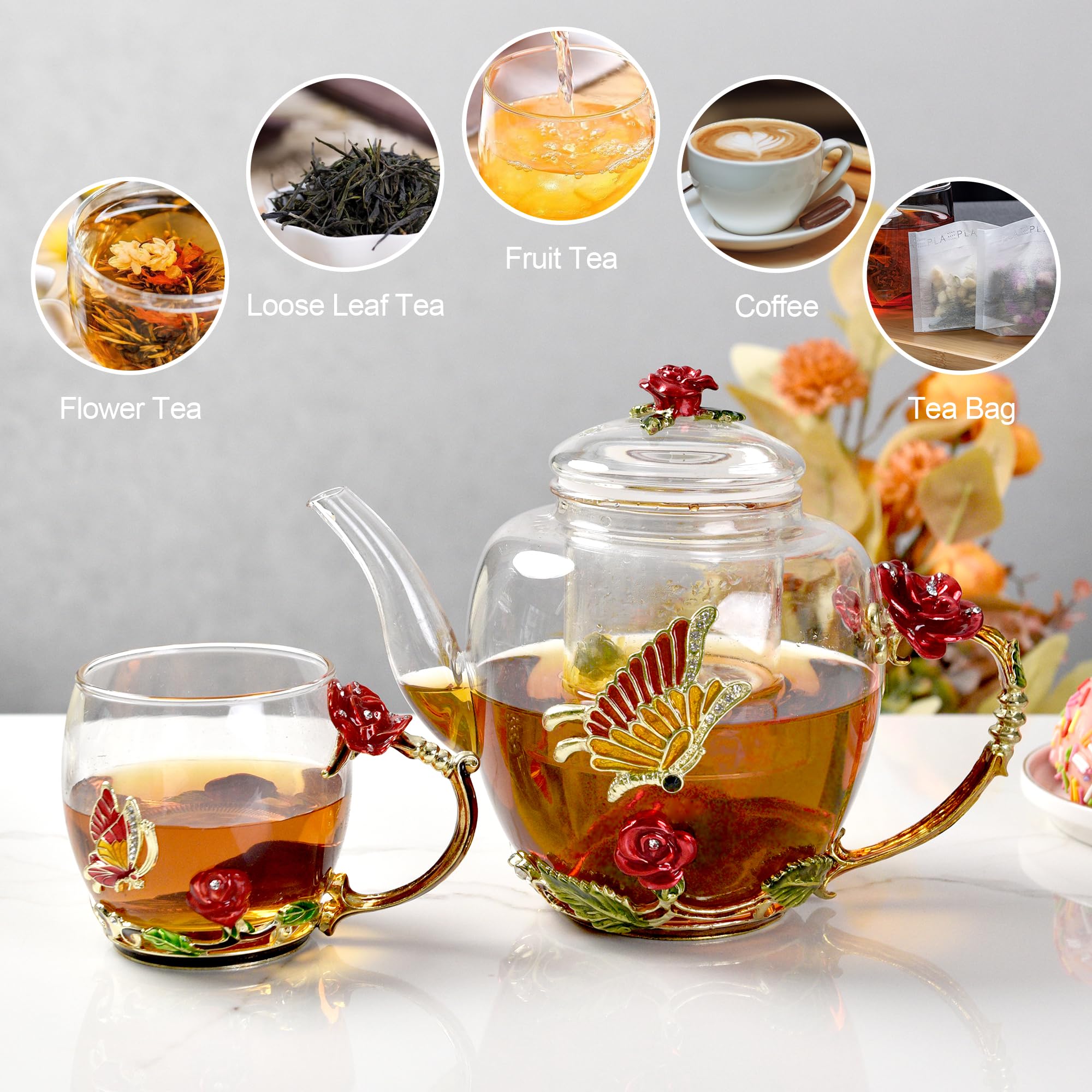 1300 ml große Emaille-Teekanne mit Teesieb, florale Glas-Teekanne mit roter Rose, Blume, Schmetterling, herausnehmbares Teesieb für blühenden Tee, losen Tee, Obsttee, Teebeutel
