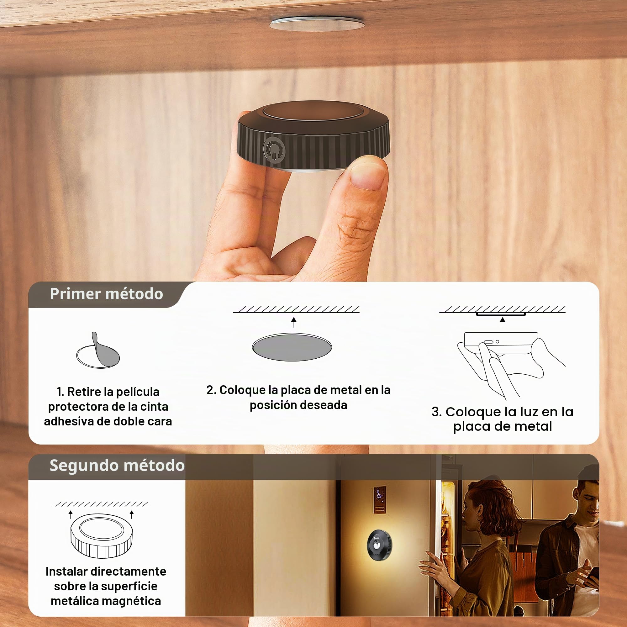 Zeadio luces de gabinete con control remoto, LED iluminación de techo recargable con pulsador de empuje suave y pulsador dimmable para sala de estar, dormitorio, despensa, etc (Paquete de 6)