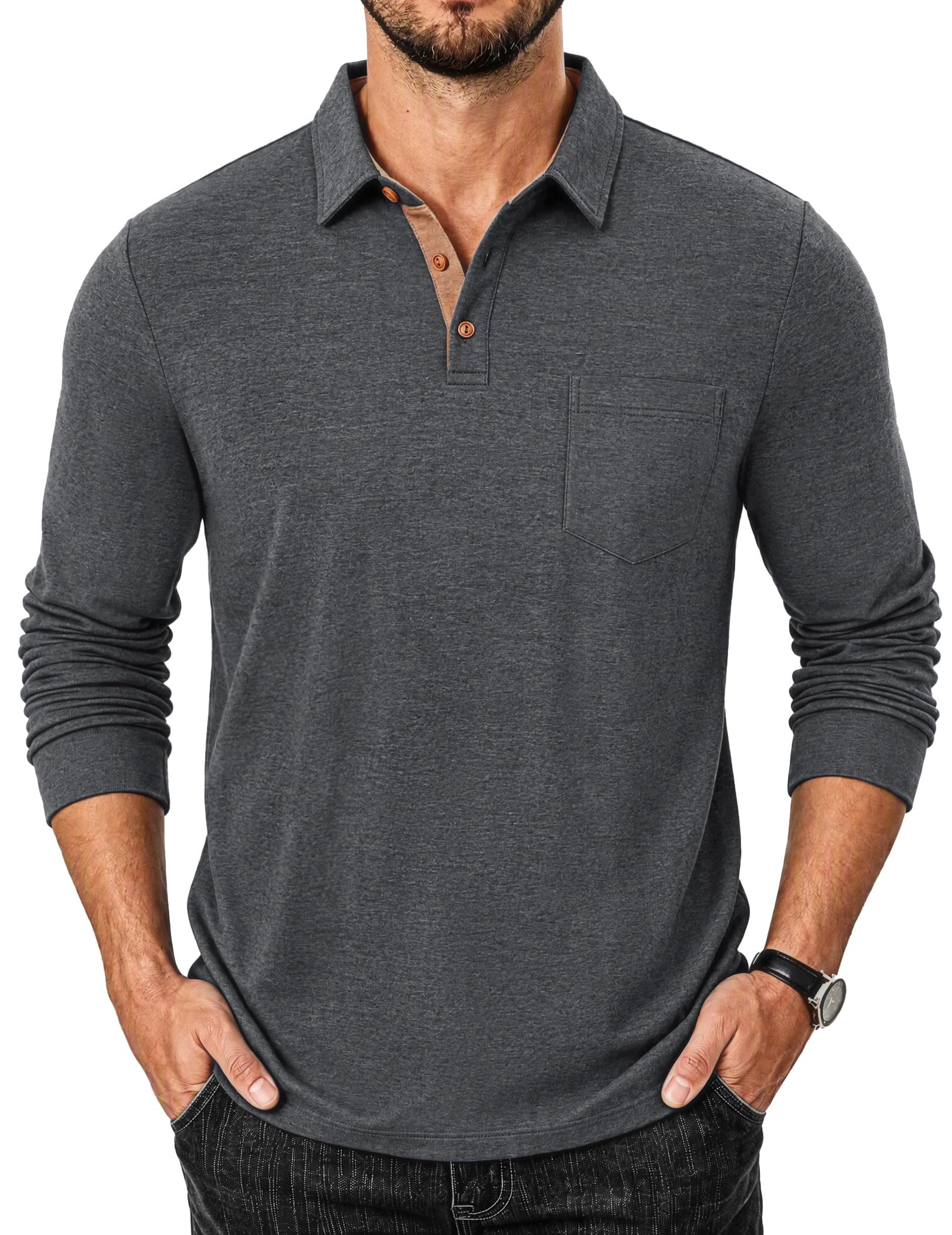 ASYJUMPD Mens Long Sleeve Polo Shirts Collared Golf Shirts with Pocket | Lightweight & Breathable Fabric, Button Placket, Contrasting Collar, Casual Classic Stylish, Business, Travel, Regular Fit
