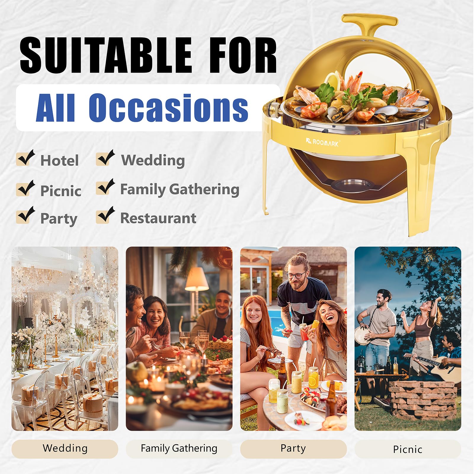 5,7L Buffet Chafing Dish Set, Calentador Buffet Redondo, Servidor de Buffet, Calentador Comida Buffet, Calentador de Buffet, Marco Grueso, Para Buffet, Fiestas de Catering, Bodas, Oro