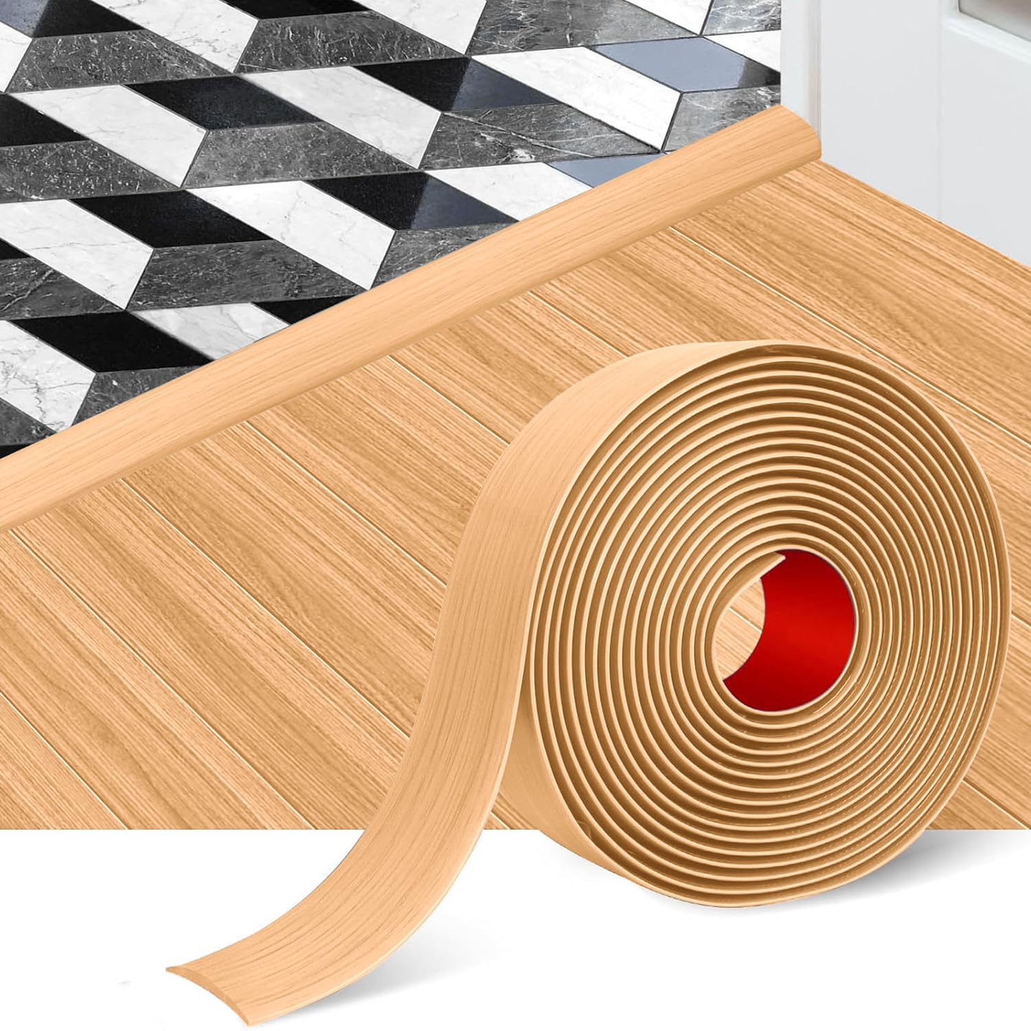 Rusoz 1.2M Floor Transition Strip, PVC Door Threshold Strip Floor Flat Divider Strip, 5cm Wide Self Adhesive Floor Edge Trim for Joining Floor Gaps(Light Oak)