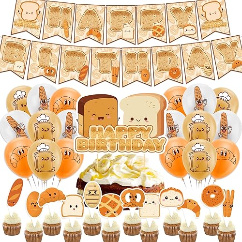 Suministros para fiesta de cumpleaños de pan tostado, incluye pancarta, decoración de pastel, decoración de cupcakes, globos para fiesta temática de