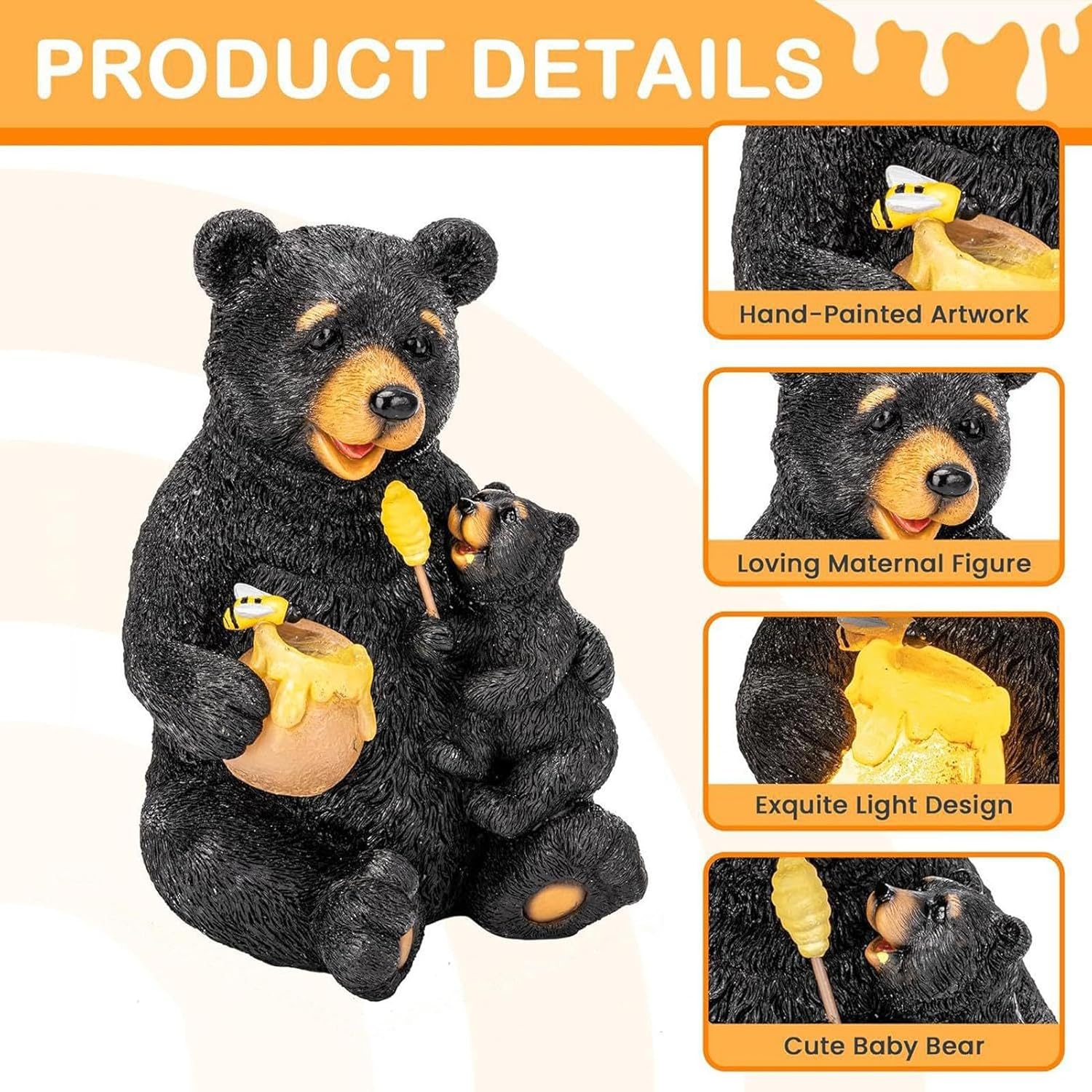 Black Bear Statue, Resin Bear Sculpture, Solar Garden Decor, LED Outdoor Statue, Yard Decoration