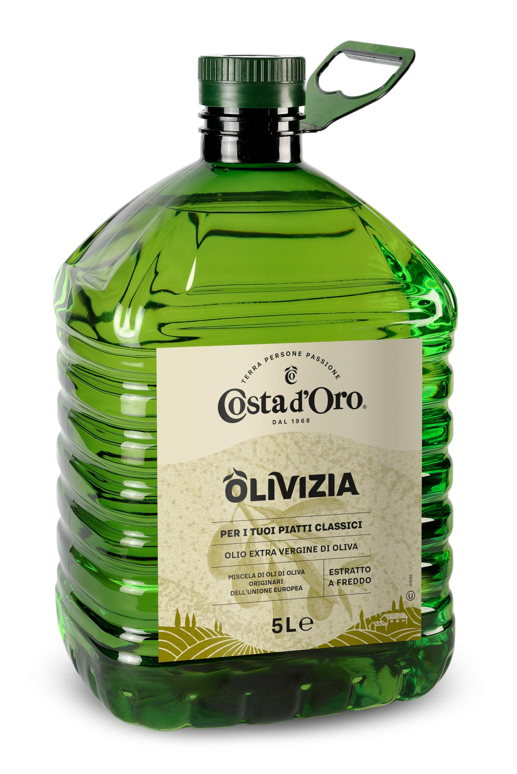 Costa d’Oro – Olivizia 5L. Olio extravergine realizzato con una selezione di raccolta tardiva delle migliori cultivar del Bacino del Mediterraneo. PET da 5L.