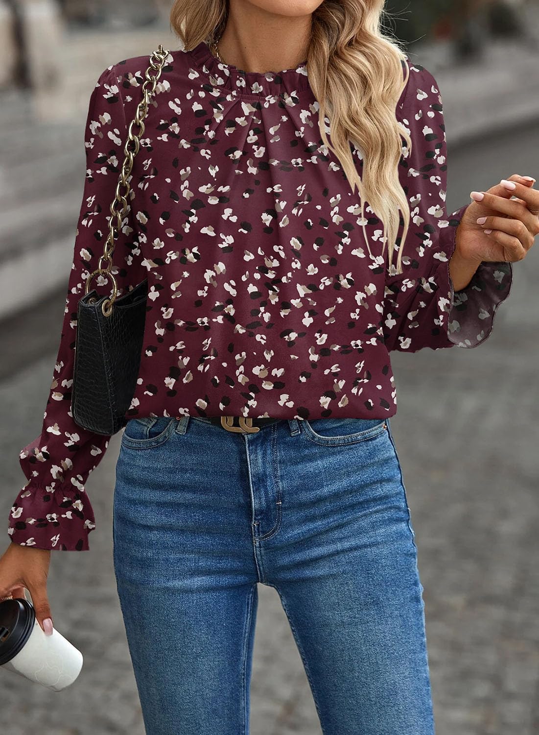 Women's Swiss Dot Shirt Ruffle Long Sleeve Pleated Crewneck Blouse Casual Loose Tops - Image 2