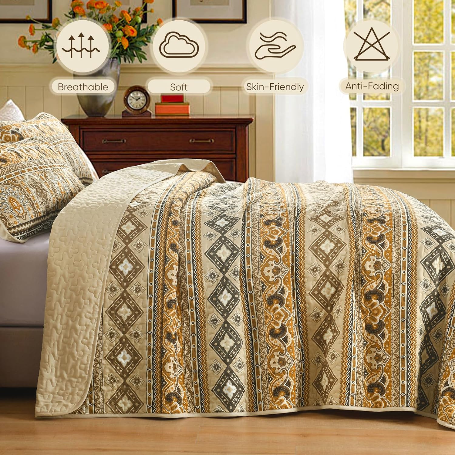 Drucon Boho Queen Size Aztec Quilt Set 3 Pieces Dark Brown Ultra Soft Lightweight Fall Quilt Beddding Set, Microfiber Bohemian Bedspread Coverlet Set with 2 Pillowcases for All Season (Queen, 90"x96") - Image 4