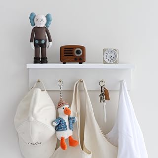 Wall Mounted Coat Rack with Shelf & Key Hooks, 5 Brass Hooks Entryway Organizer, Modern Floating Shelf for Bedroom Hallway, Space-Saving Home Storage Rack (1, White)