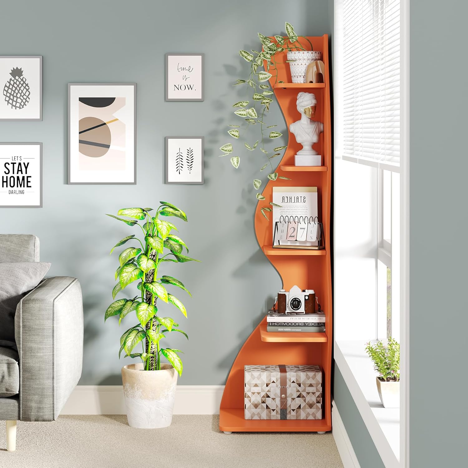 Tribesigns Corner Shelf, Modern 5-Tier Wall Corner Bookshelf, Stylish Corner Small Bookcase Storage Rack Plant Stand with Unique Shape for Living Room, Home Office (Orange, 1PC) Orange 1PC