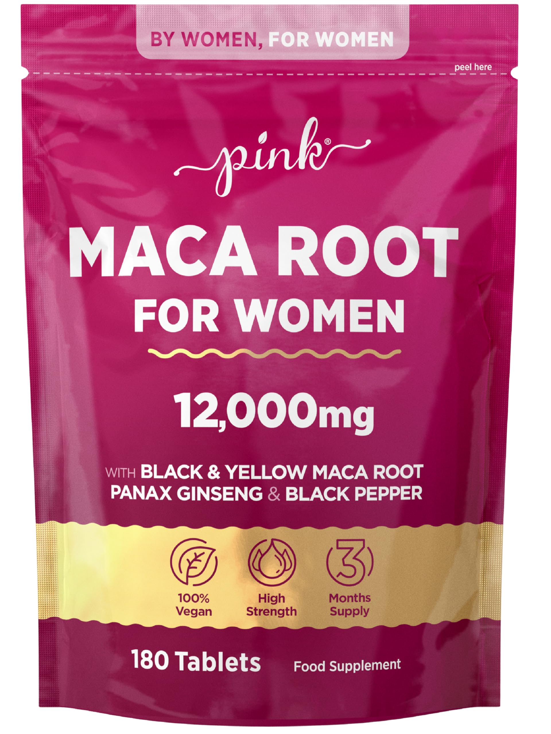 Maca Root Capsules for Women 12,000mg | Peruvian Maca Supplement | High Strength Black & Yellow Maca Root with Panax Ginseng and Black Pepper | Botanical Supplement to Support Women's Health | by PINK