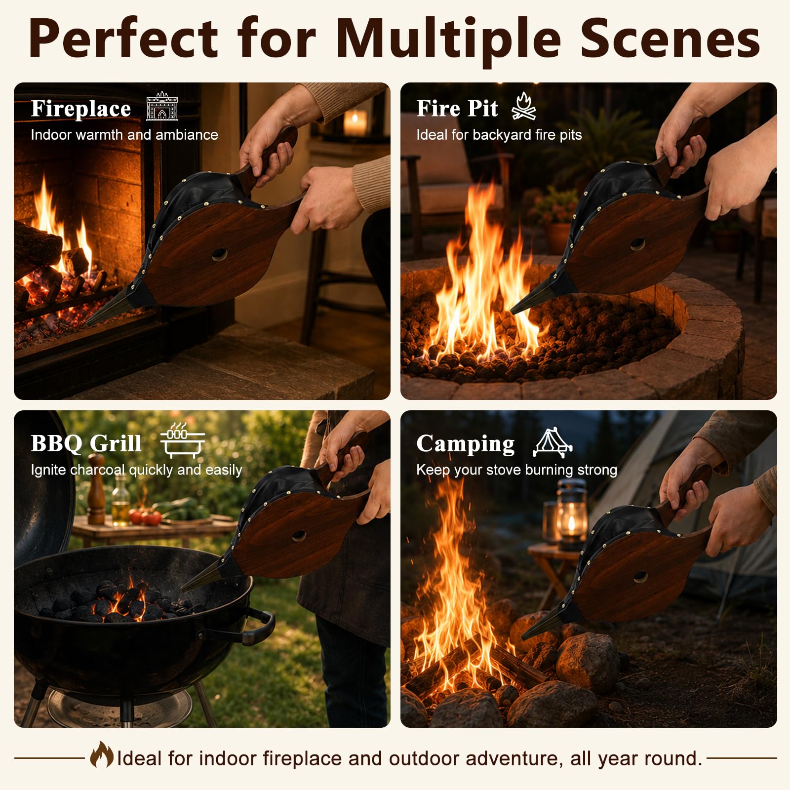 Gtongoko Soffietto per camino, 48,3 x 19,1 cm, grande, per interni ed esterni, campeggio, barbecue, in legno, pompa a soffietto, accessori per utensili antincendio con cinghia per appenderlo, marrone