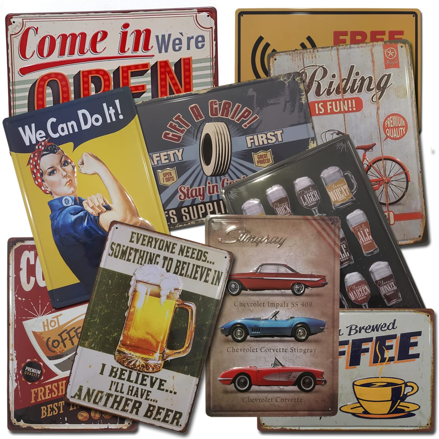 Placas Decorativas Vintage | Set de 10 Chapas Metálicas Surtidas | Decoración Retro | Tamaño 20x30 | Surtido Premium Boemy