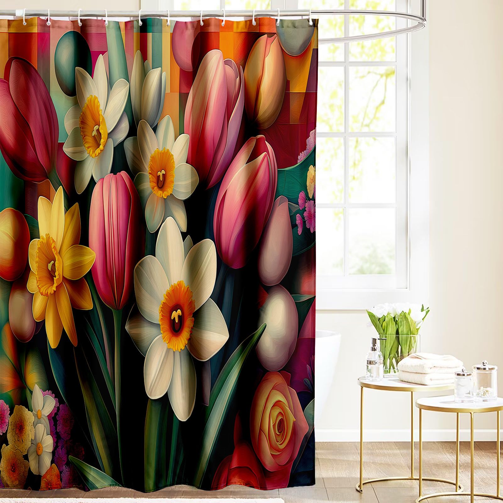 Rideau de douche fleurs tulipes lavable imperméable 200x200cm pour cabine