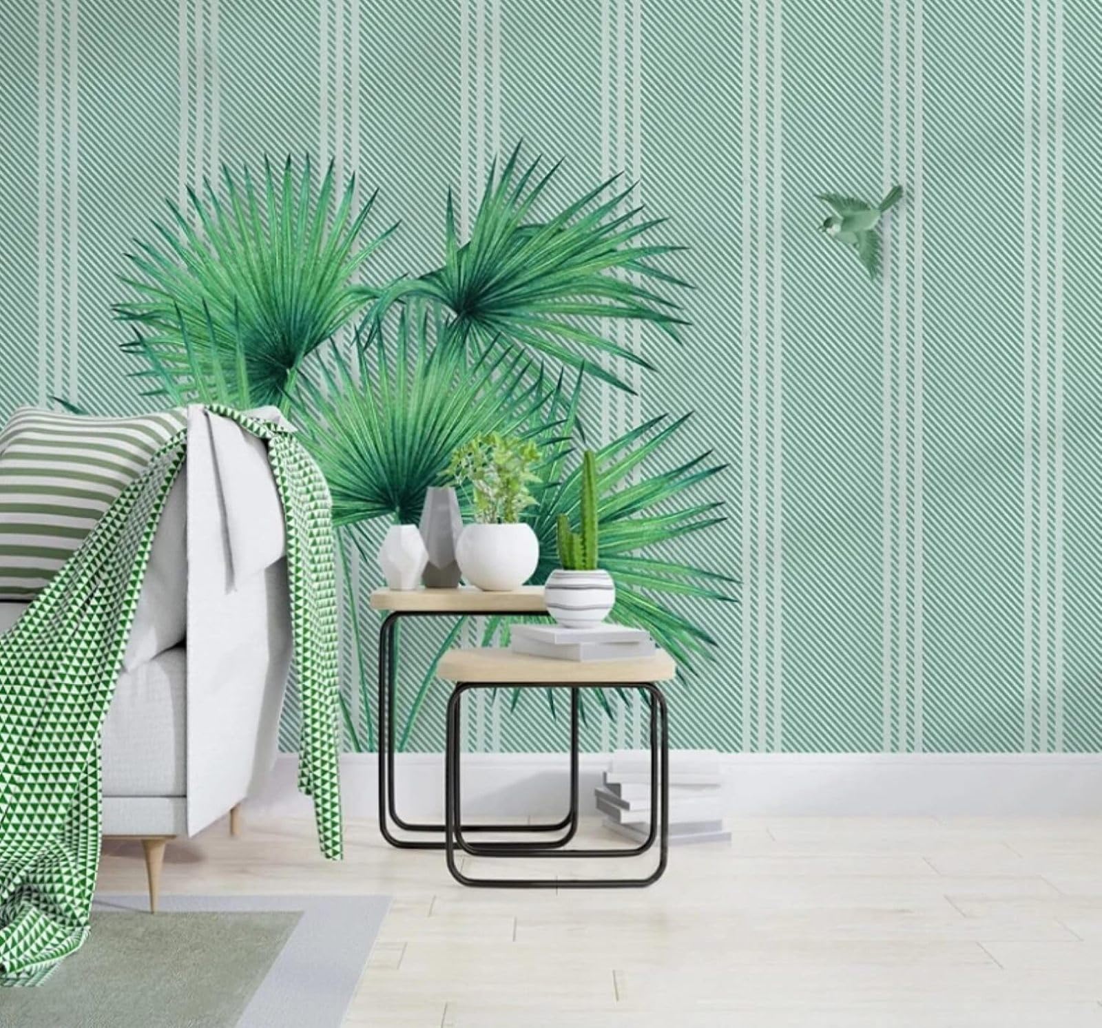 XLMING Fresh Green Plants Birds Lines 3D Wallpaper Luxury Silk Study Dining Feature Sofa Grey Bedroom Living Room Tv Decorative Wall-350cm×256cm