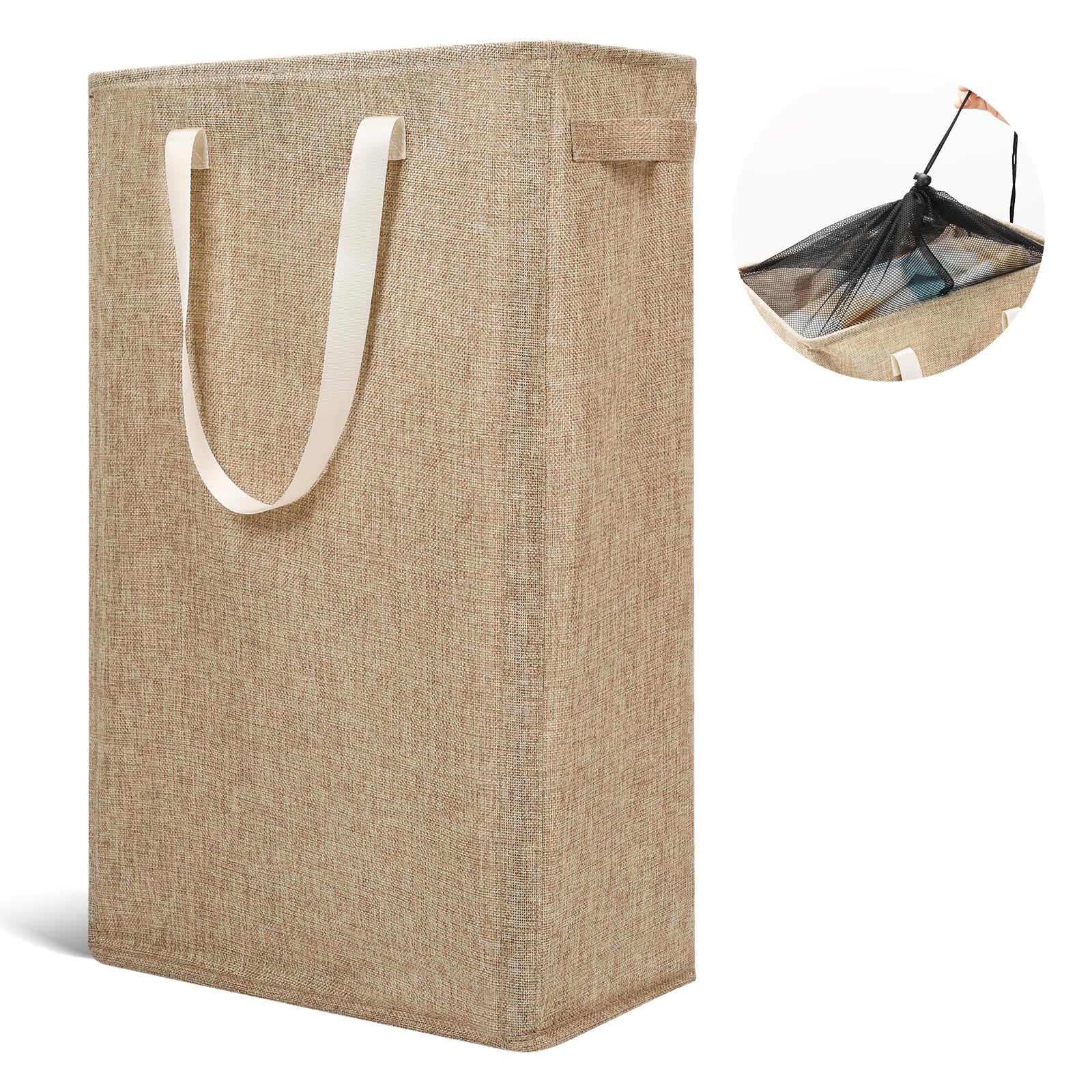 Odonata Slim Laundry Hamper Handles Collapsible Laundry Basket Thin Dirty Clothes Basket Narrow Laundry Bag Foldable Dirty Hamper 45L (Light Khaki)