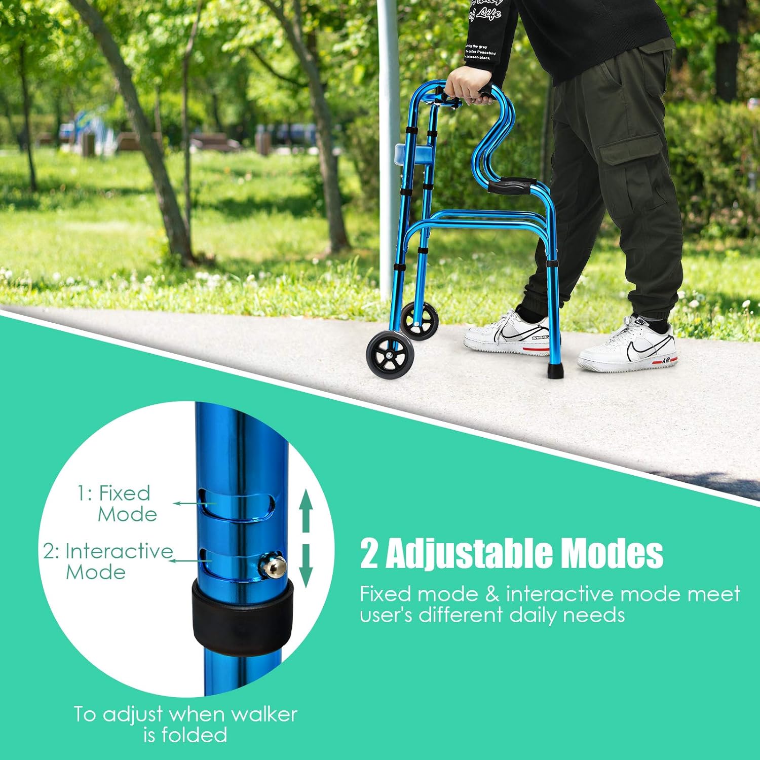 Goplus 440LBS Foldable Standard Walker, Reinforced and Thickened Rehabilitation Auxiliary Walking Frame with Wheels & Bi-Level Armrests, Height Adjustable Elderly Walking Mobility Aid (Blue) : Health & Household