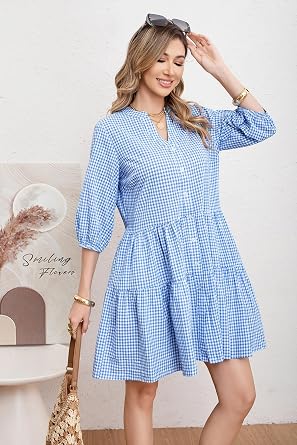 utcoco Women's 2026 Spring Summer Plaid Shirt Dress 3/4 Puff Sleeve Button Down Loose Casual Midi Dress with Pockets
