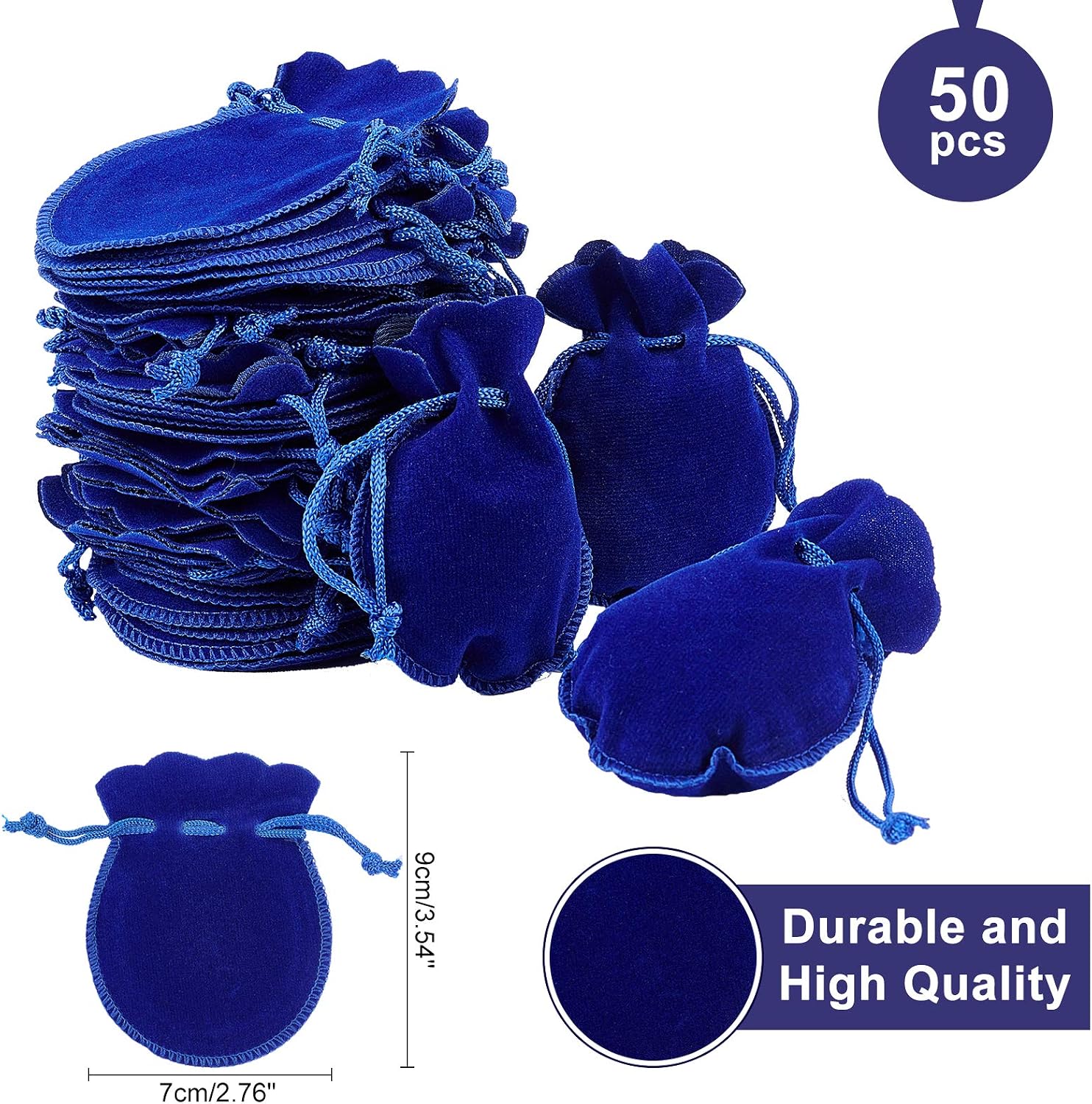 NBEADS 50 Pcs Velvet Drawstring Bags, 3.54×2.75" Calabash Shape Drawstring Jewelry Pouches Candy Gift Packaging Bags for Christmas Wedding Birthday Party Favors, Medium Blue image 2