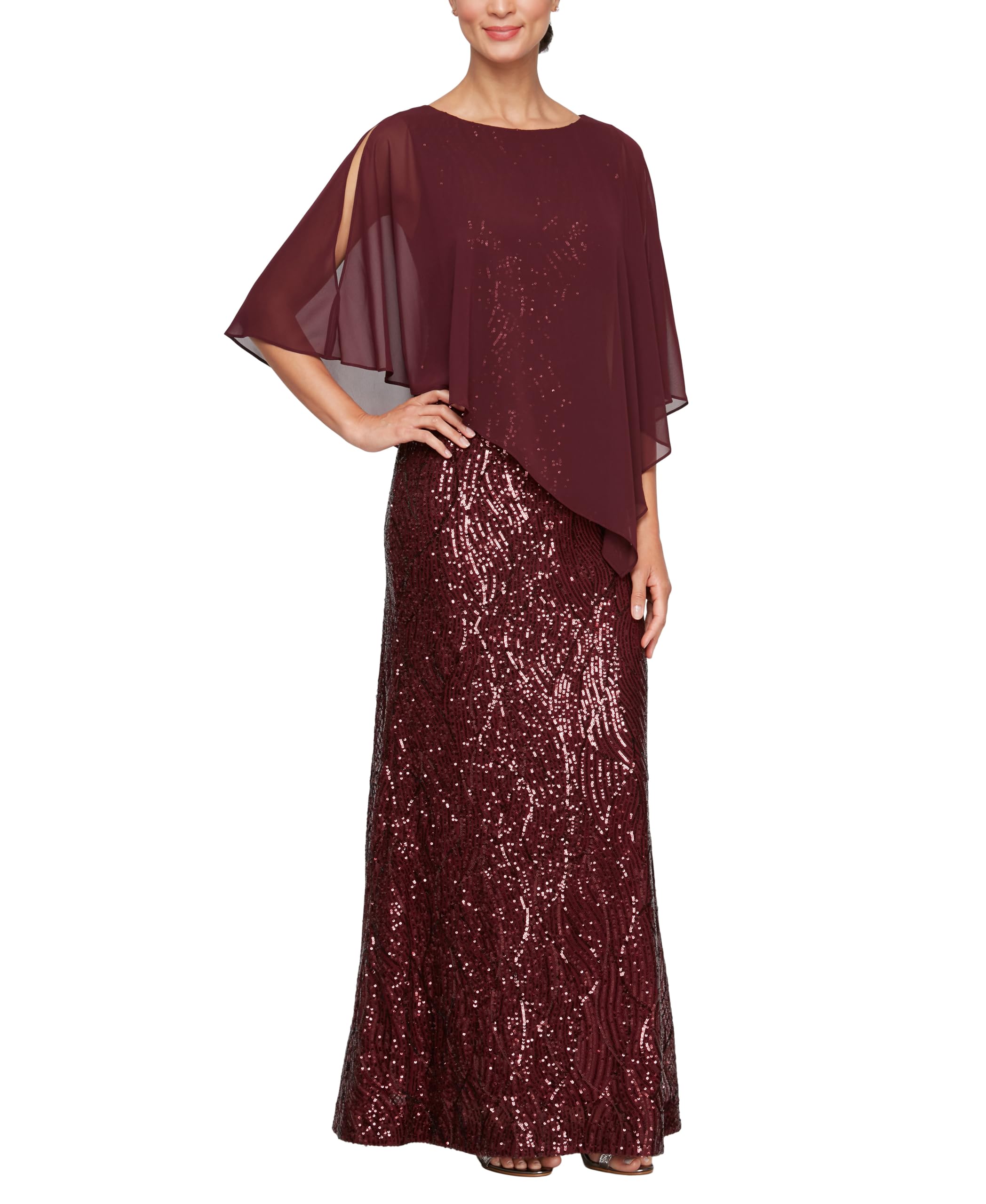 S.L. Fashions Womens Long Shimmer Foil Printed Chiffon Overlay Wedding Guest Capelet Gown, Formal Dress W/Attached Cape, Fig, 16