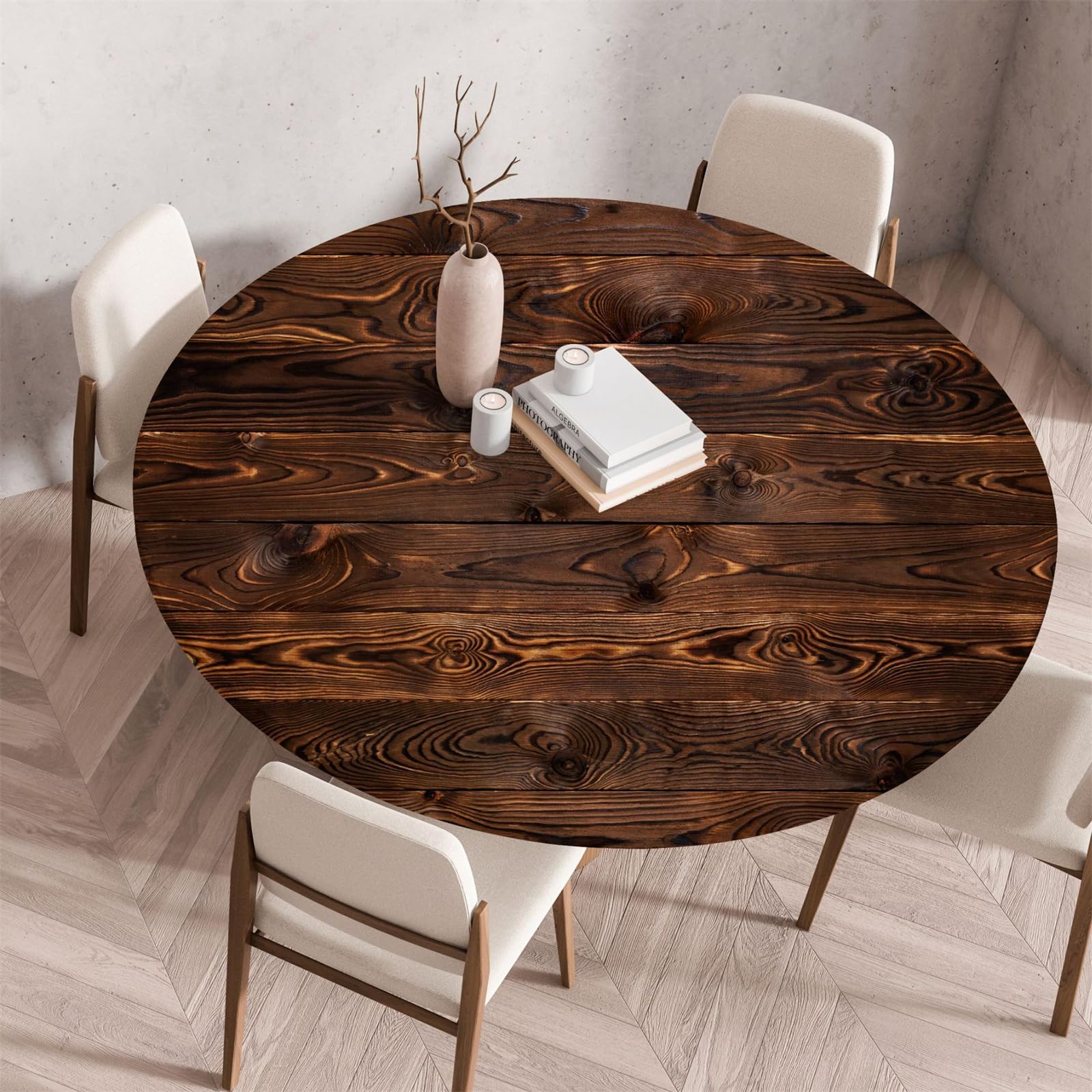 Muiuou Round Tablecloth, Wood Texture Printing Reusable Waterproof Oil-Proof Elastic Round Table Cover Cloth, Fitted Kitchen Restaurant Picnic Home Decoration (Diameter 140cm,Style 8)
