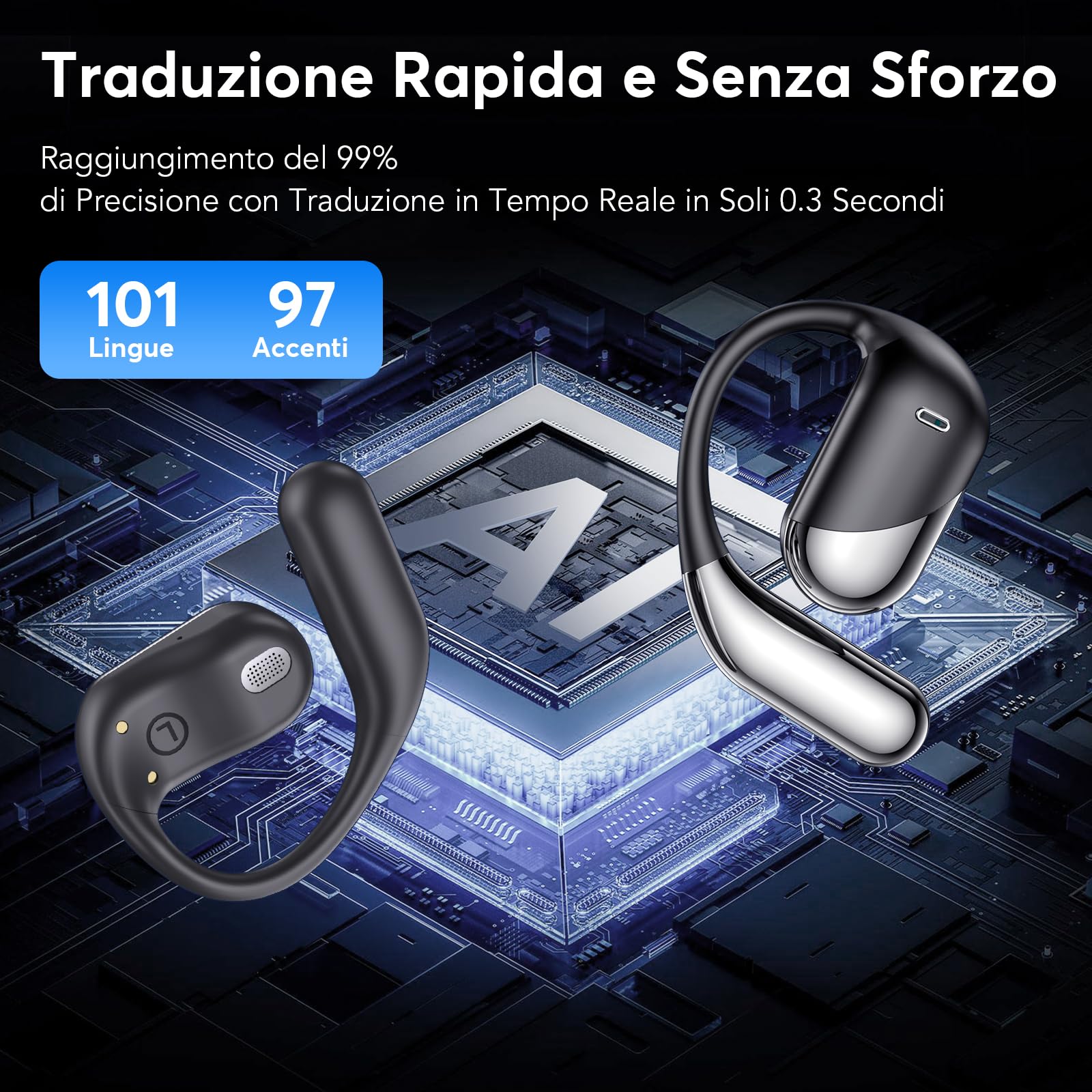 Paekole AI Cuffie Traduzione Simultanea, 2026 Auricolari Bluetooth 6.1 Wireless, 4 in1 Cuffie Traduzione Bluetooth 60 ore con ENC, 198 Lingue Auricolari Traduttori Istantanei Vocali Gratuite